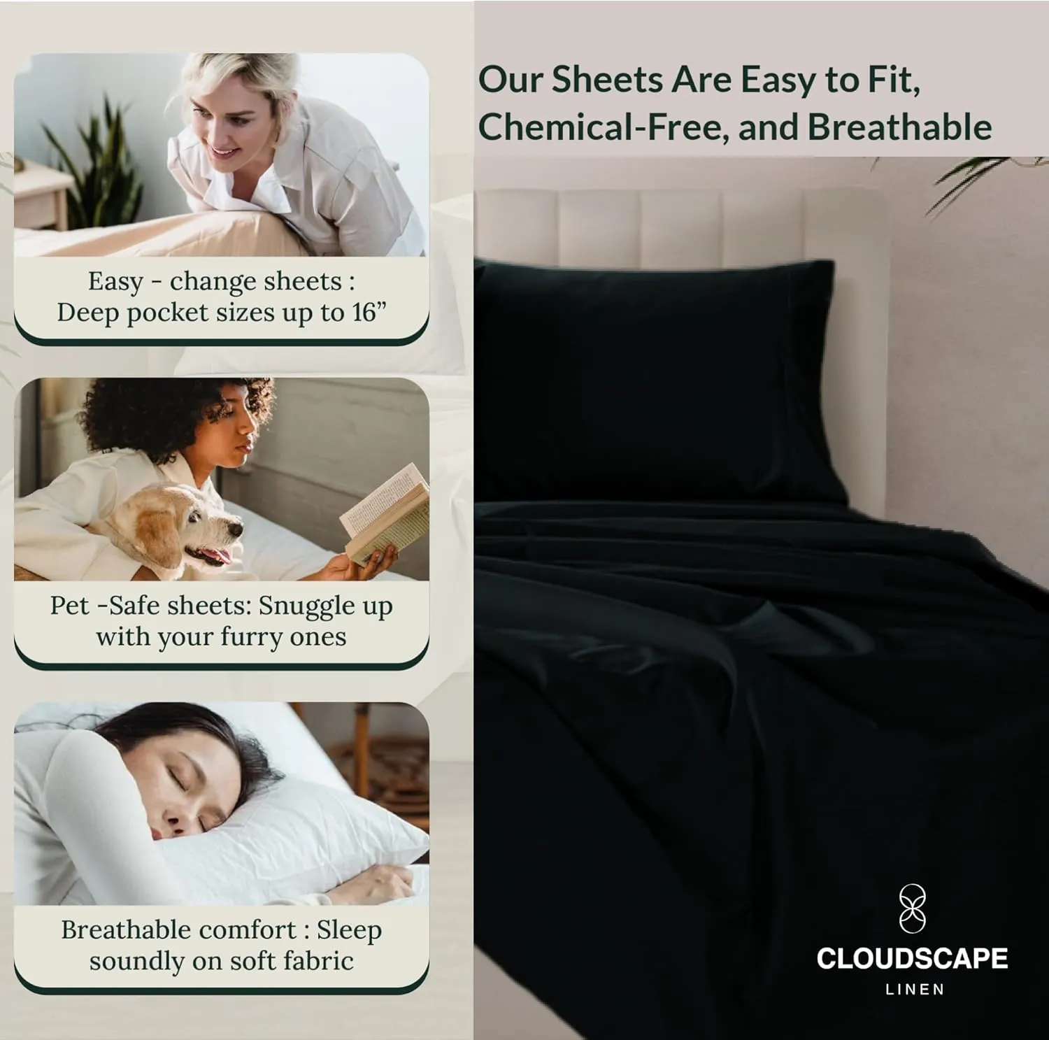 100% Egyptian Cotton King Size Sheets Set, 4 Pieces Luxury Bedding Set, 1000 Thread Count,Hotel Quality, Silky Soft, Breatheable and Durable, Deep Pockets up to 16, Black