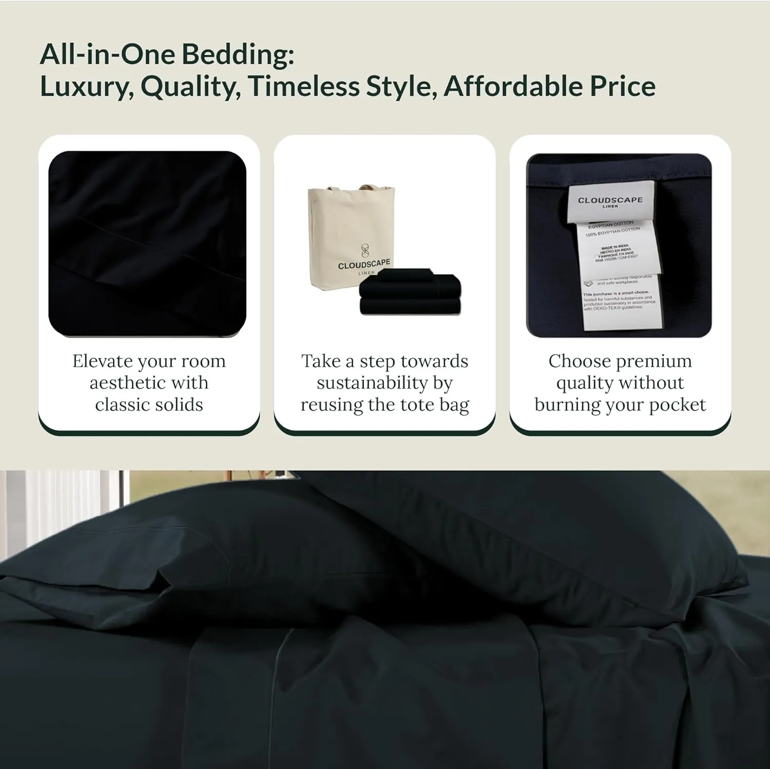 100% Egyptian Cotton King Size Sheets Set, 4 Pieces Luxury Bedding Set, 1000 Thread Count,Hotel Quality, Silky Soft, Breatheable and Durable, Deep Pockets up to 16, Black