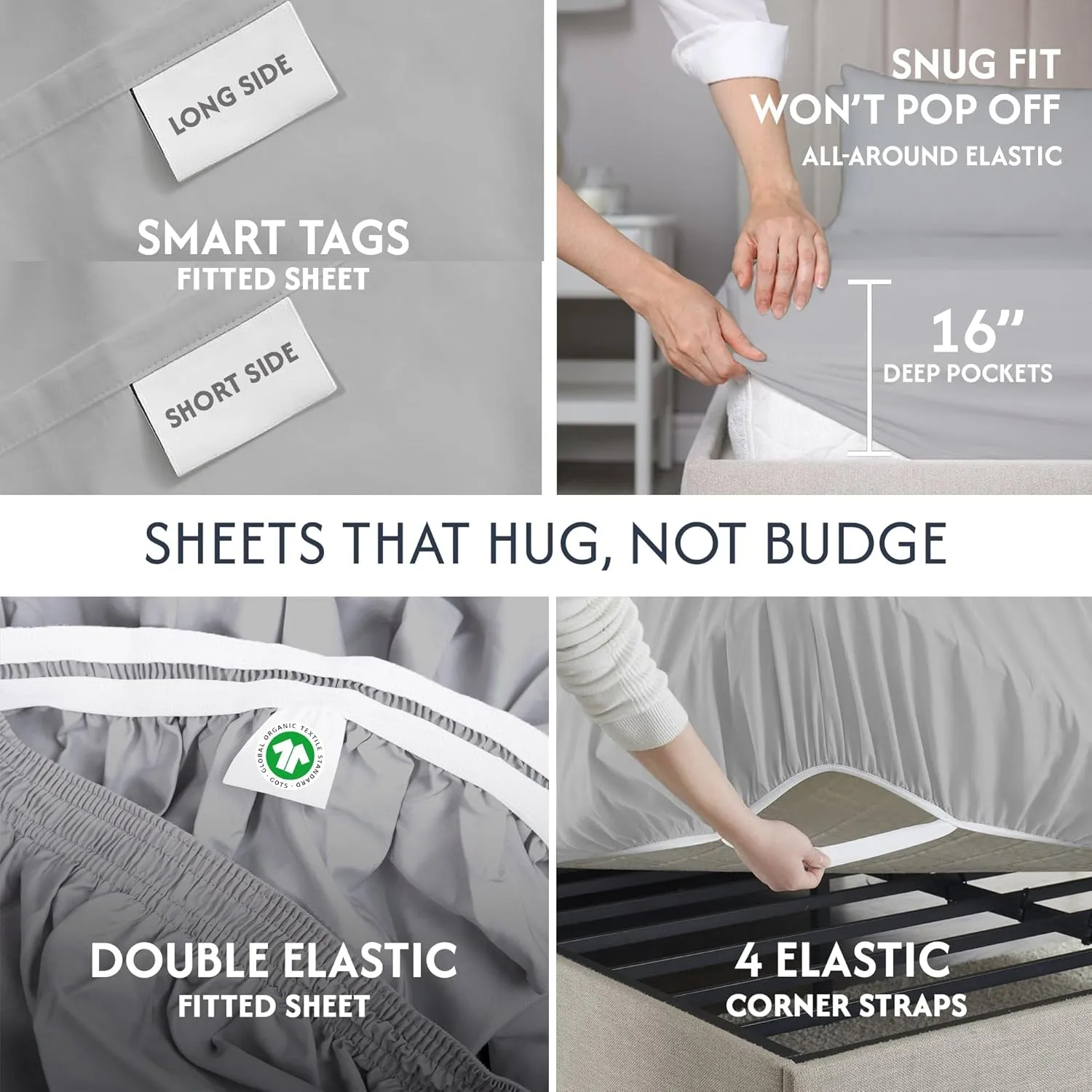 100% Organic Cotton Sheets Cal King - Luxurious 415 Thread Count, Oeko-Tex Certified, Silky Soft Sateen Weave, Hemstitched Pillowcases, Fitted Sheet with Deep Pockets, Double-Elastic & Corner Straps