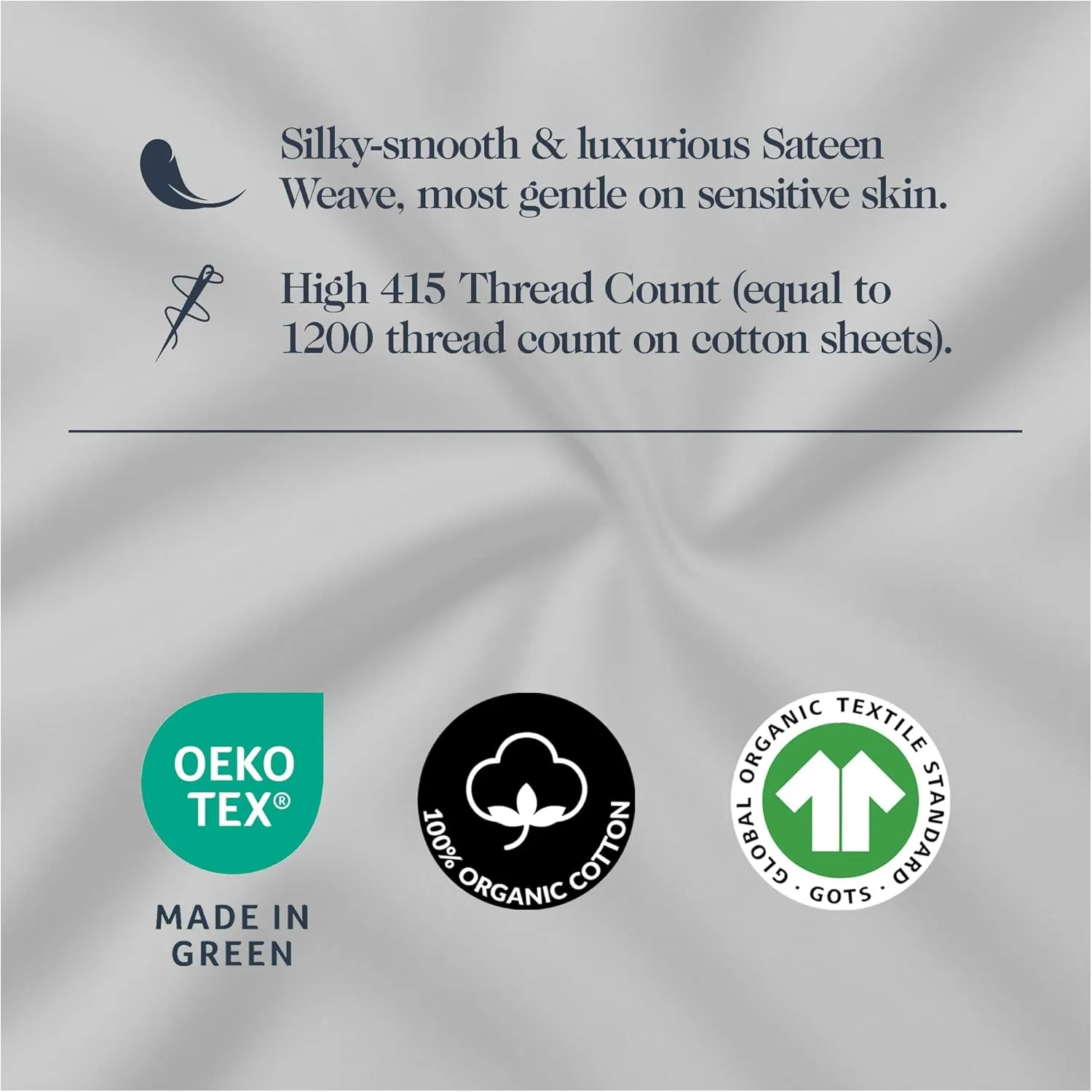 100% Organic Cotton Sheets Cal King - Luxurious 415 Thread Count, Oeko-Tex Certified, Silky Soft Sateen Weave, Hemstitched Pillowcases, Fitted Sheet with Deep Pockets, Double-Elastic & Corner Straps