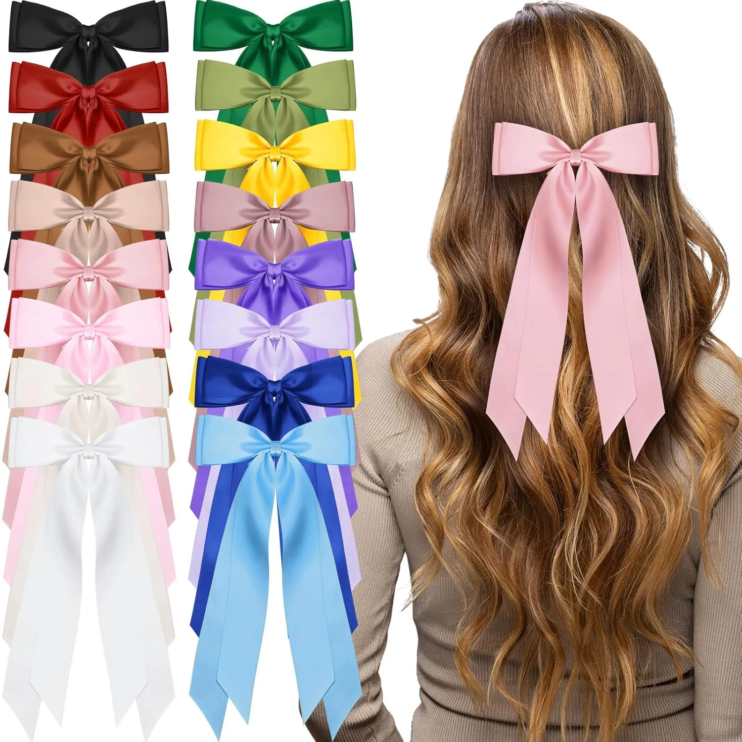 16 Pcs Satin Hair Bows for Women Metal Silky Ribbon Hair Clip with Long Tail Ponytail Holder Slides Accessories Birthday Wedding Gift