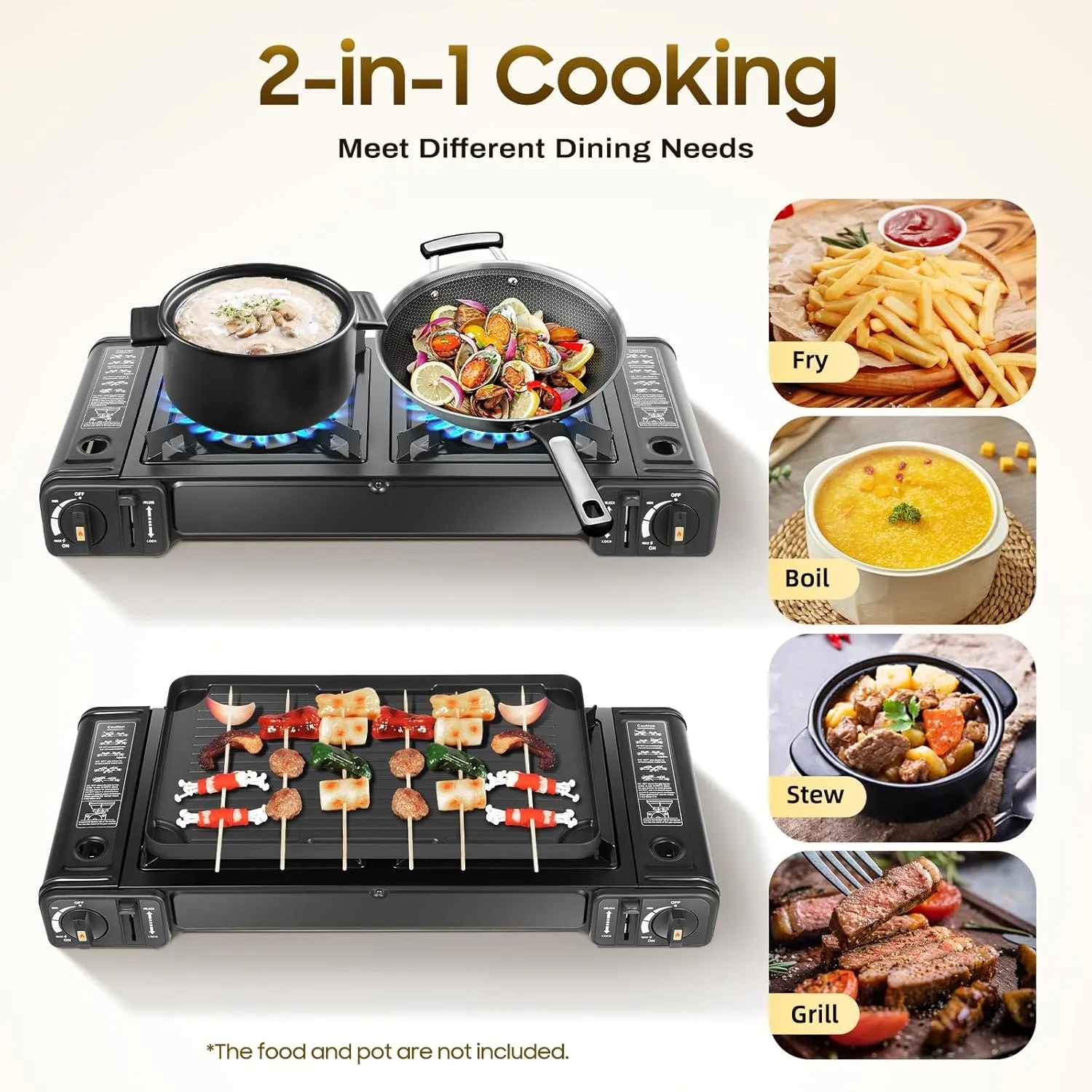 2-Burner Portable Camping Stove, Portable Camping Stove with Non-sticking Coating Grill Tray & Storage Case, Butane Camping Stoves Auto Ignition Camping Double Burner for Camping, Picnics, BBQ
