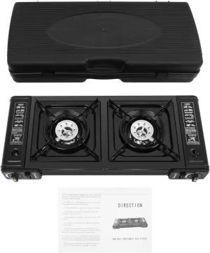 2-in-1 Outdoor Camp Stove,Portable Cooktop with Grill Tray&Storage Case for Camping, Outdoor Travel Camp Stove for Camping, BBQ, Home,Double Auto Ignition Burner for RV Apartments (without Grill Tray)
