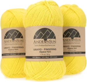 (3 Small Gorgeous Skeins) Alpaca Yarn Blend Umayo [657 Yards Total], #2 Fingering (Daffodil Yellow)