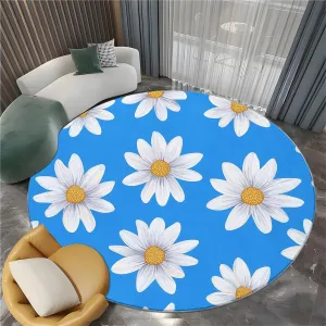 3D Round Area Rug, 8 x 8 ft Flat Design Daisies Round Indoor Floor Mat, Blue Washable Circle Area Rugs for Bedroom Bathroom Farmhouse