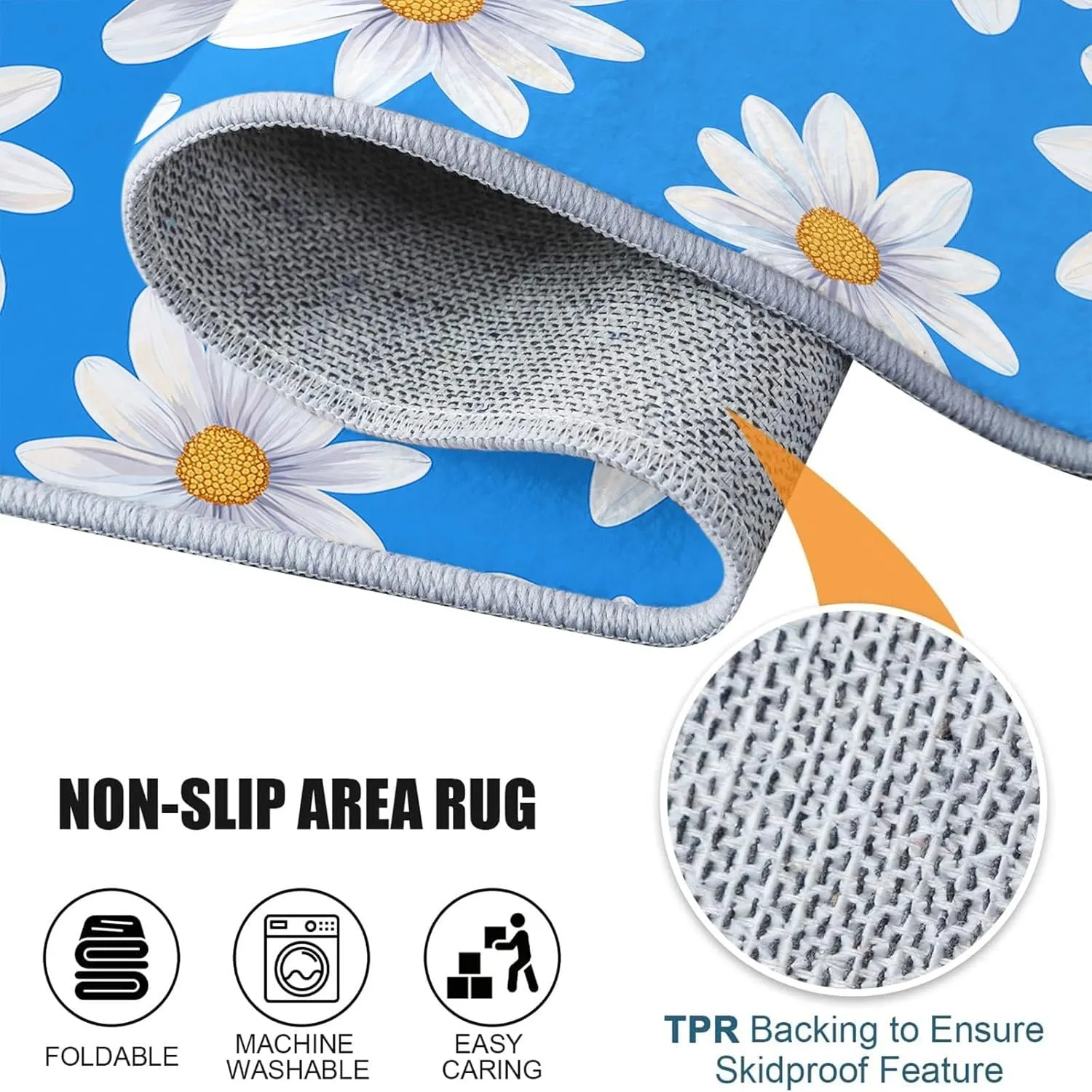 3D Round Area Rug, 8 x 8 ft Flat Design Daisies Round Indoor Floor Mat, Blue Washable Circle Area Rugs for Bedroom Bathroom Farmhouse
