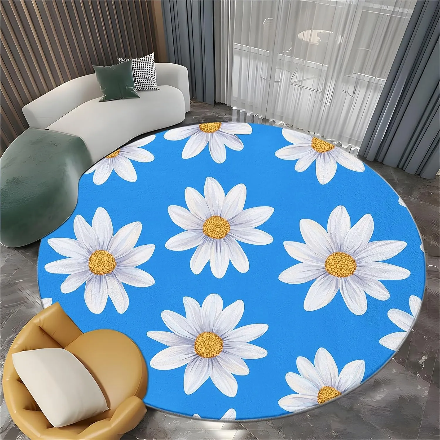 3D Round Area Rug, 8 x 8 ft Flat Design Daisies Round Indoor Floor Mat, Blue Washable Circle Area Rugs for Bedroom Bathroom Farmhouse
