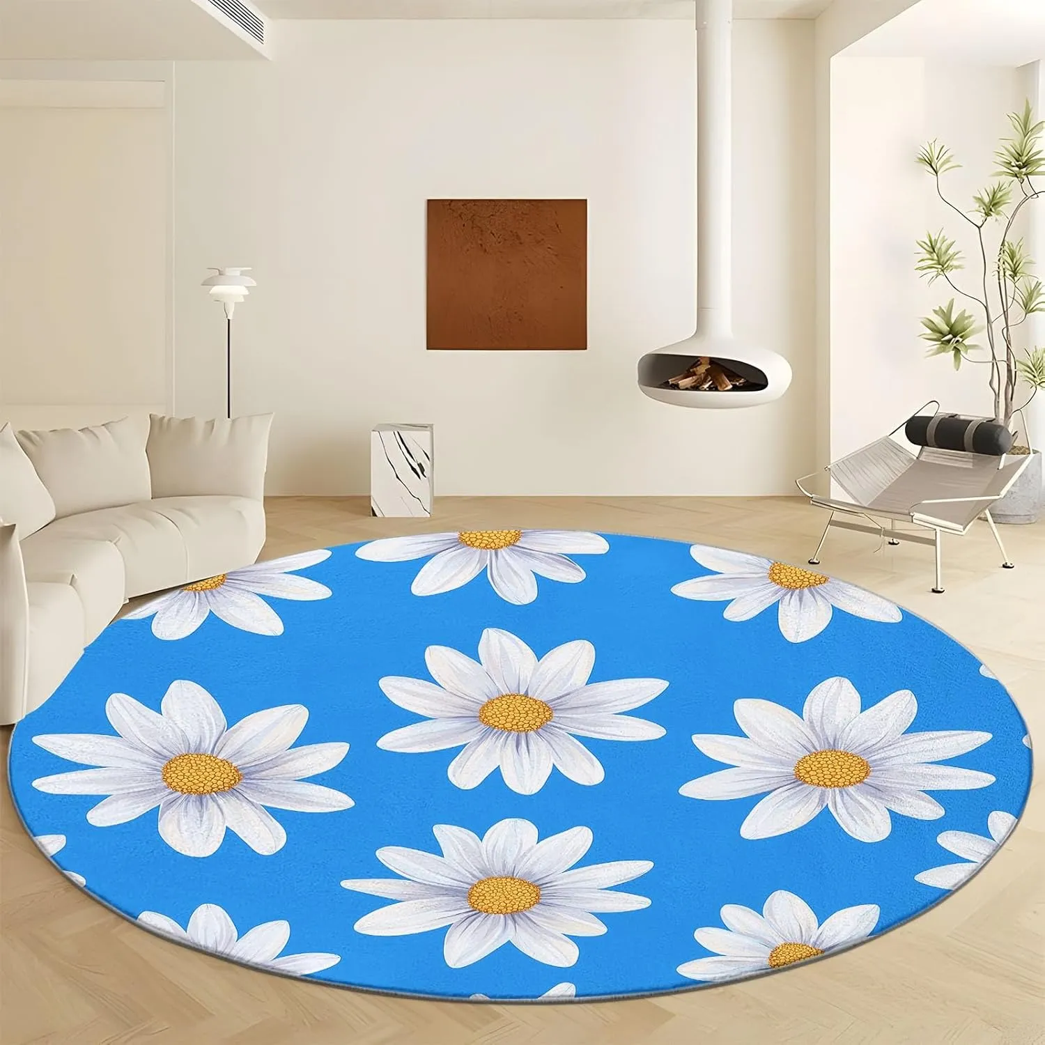 3D Round Area Rug, 8 x 8 ft Flat Design Daisies Round Indoor Floor Mat, Blue Washable Circle Area Rugs for Bedroom Bathroom Farmhouse