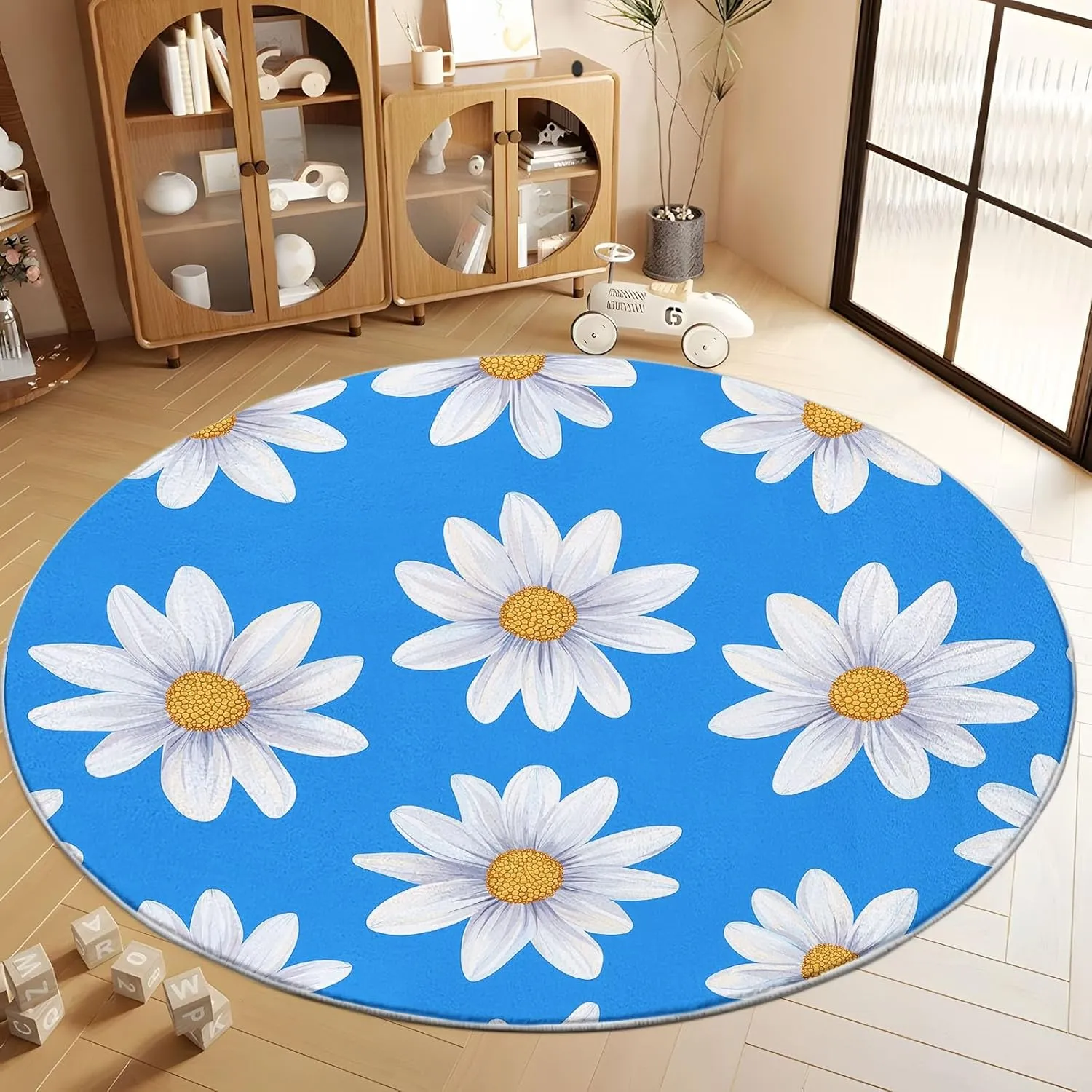 3D Round Area Rug, 8 x 8 ft Flat Design Daisies Round Indoor Floor Mat, Blue Washable Circle Area Rugs for Bedroom Bathroom Farmhouse