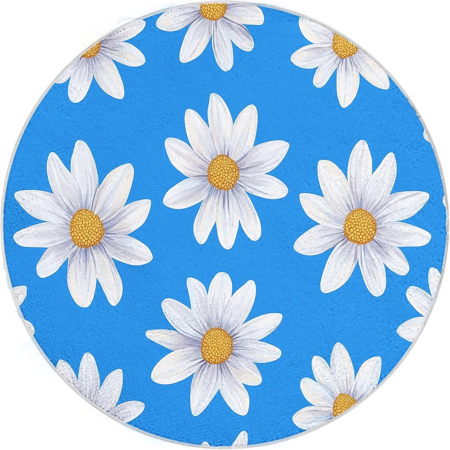 3D Round Area Rug, 8 x 8 ft Flat Design Daisies Round Indoor Floor Mat, Blue Washable Circle Area Rugs for Bedroom Bathroom Farmhouse