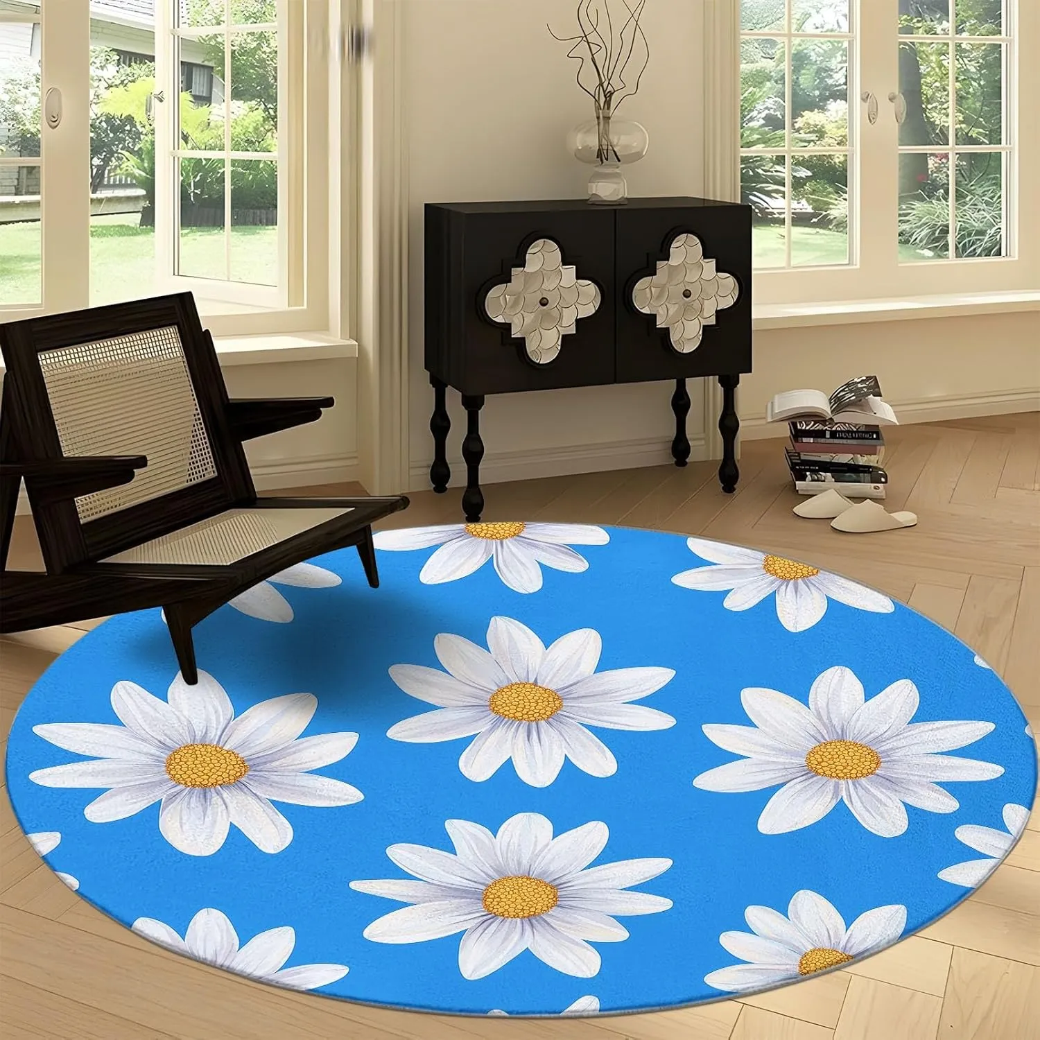 3D Round Area Rug, 8 x 8 ft Flat Design Daisies Round Indoor Floor Mat, Blue Washable Circle Area Rugs for Bedroom Bathroom Farmhouse
