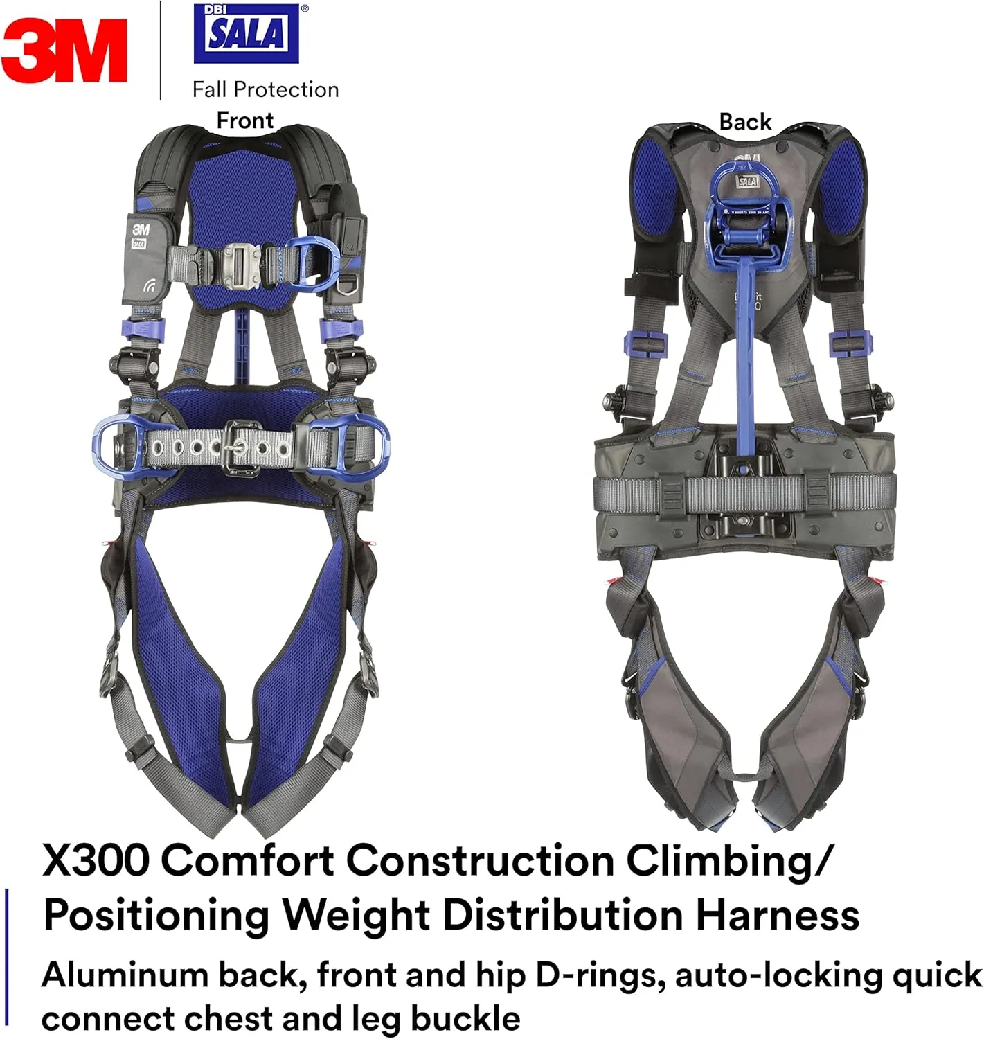 3M DBI-SALA Construction Weight Distribution Climbing/Positioning Safety Harness, Fall Protection, OSHA, ANSI, Back, Front and Hip D-Rings, Dorsal D-Ring, Auto-Lock Quick-Connect Leg Buckle, X-Large