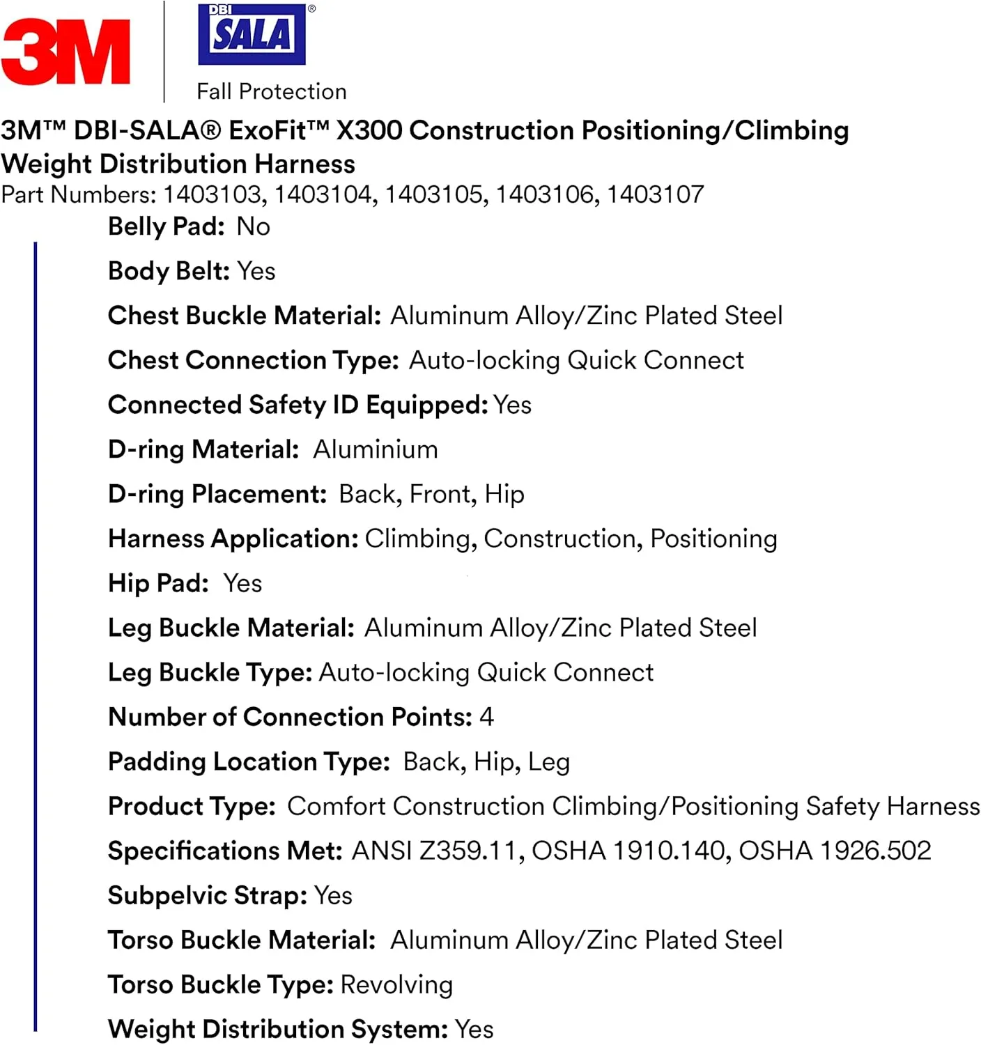 3M DBI-SALA Construction Weight Distribution Climbing/Positioning Safety Harness, Fall Protection, OSHA, ANSI, Back, Front and Hip D-Rings, Dorsal D-Ring, Auto-Lock Quick-Connect Leg Buckle, X-Large