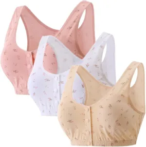 3Pack Floral Wirefree Bra, Front Button Closure, Soft Cotton Bra for Mom, Grandma, Gift, A, B, C Cup Sizes, Beige