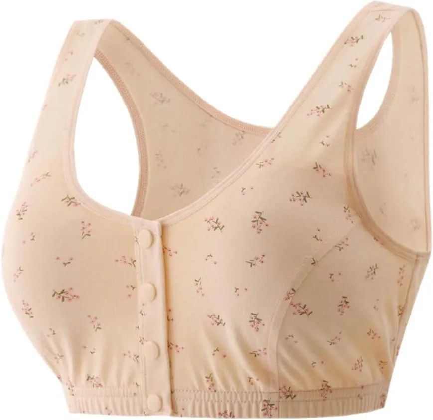3Pack Floral Wirefree Bra, Front Button Closure, Soft Cotton Bra for Mom, Grandma, Gift, A, B, C Cup Sizes, Beige