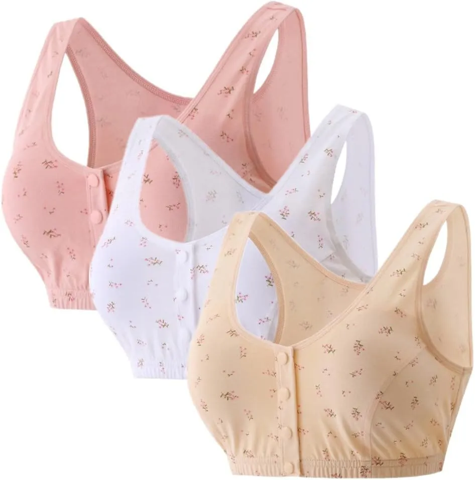 3Pack Floral Wirefree Bra, Front Button Closure, Soft Cotton Bra for Mom, Grandma, Gift, A, B, C Cup Sizes, Beige