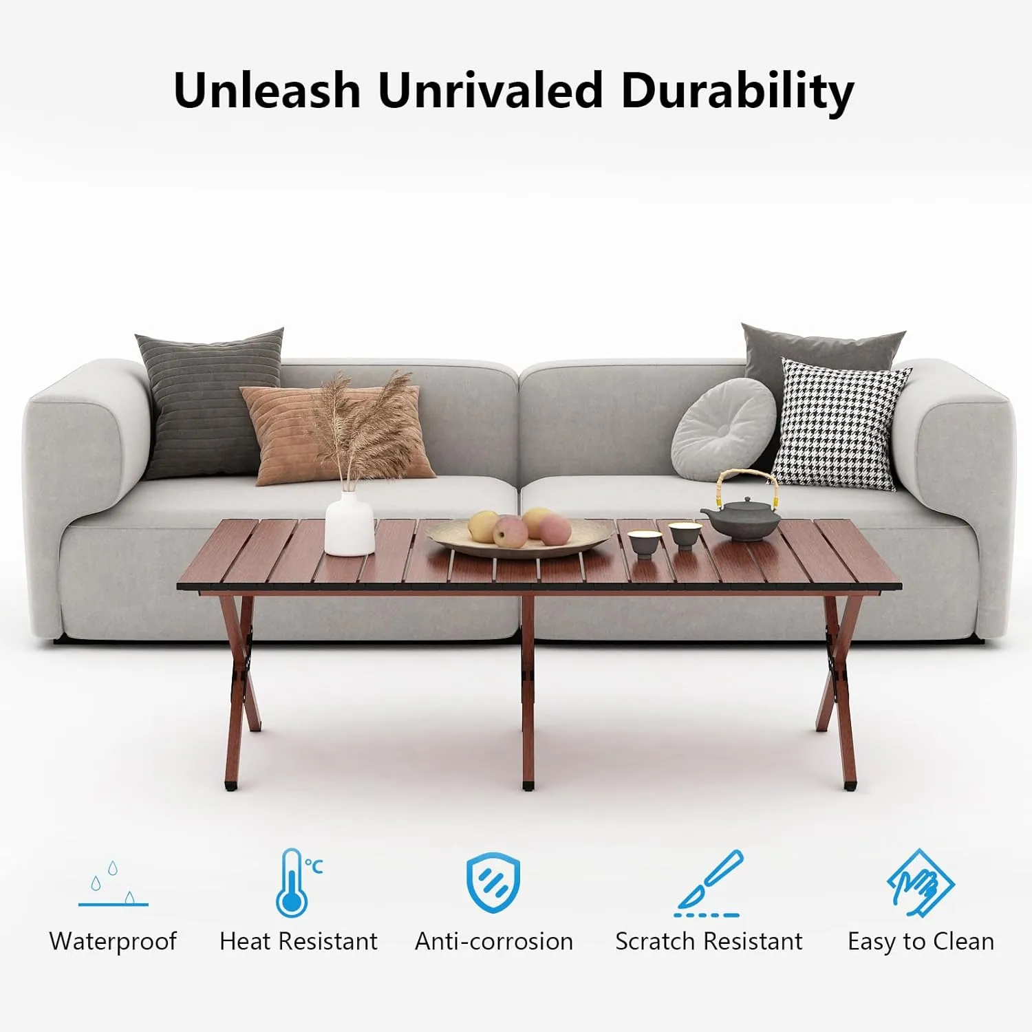 48Inch Folding Camping Table, Lightweight Roll-Up Table Aluminum Low Portable Picnic Table with Carrying Bag for Outdoor, Beach, Picnic, Backyards, BBQ and Party (Walnut, 120CM)