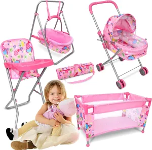 5 Pcs Baby Doll Stroller Set Doll Accessories Nursery Playset Set with Foldable Baby Doll Stroller Doll Crib Doll High Chair Swing Storage Bag Fits 16" Dolls Gifts for Toddlers Girls Boys