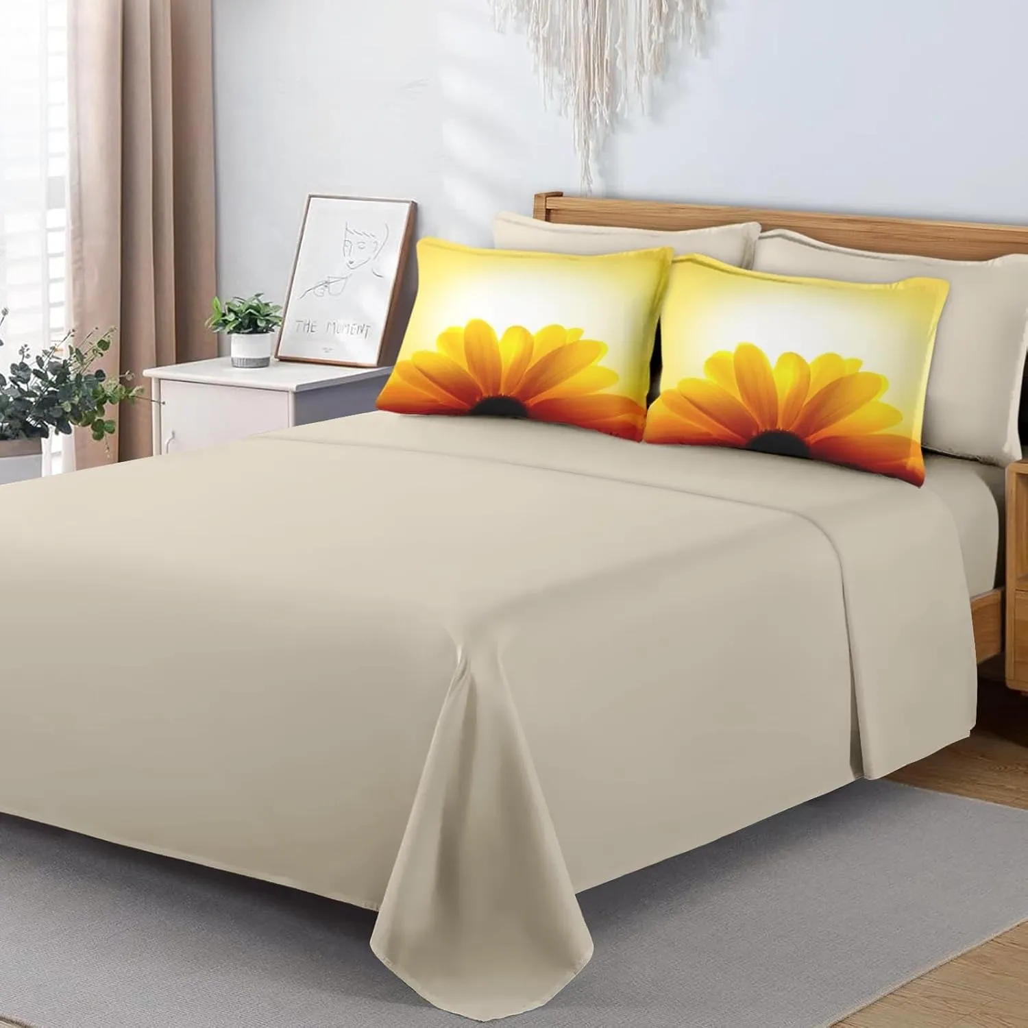 5 Pcs Comforter Set Twin Size, Sunflower Sunset Flower Bed in a Bag with Flat Sheet and Fitted Sheet for Kids and Adults, Orange Yellow Sun Bedding Set with Pillowcase & Sham