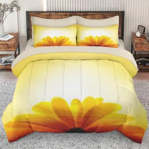 5 Pcs Comforter Set Twin Size, Sunflower Sunset Flower Bed in a Bag with Flat Sheet and Fitted Sheet for Kids and Adults, Orange Yellow Sun Bedding Set with Pillowcase & Sham