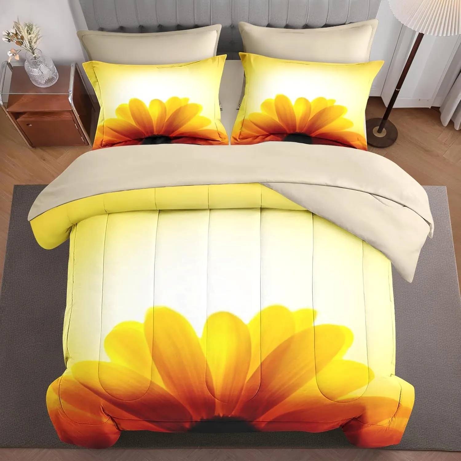 5 Pcs Comforter Set Twin Size, Sunflower Sunset Flower Bed in a Bag with Flat Sheet and Fitted Sheet for Kids and Adults, Orange Yellow Sun Bedding Set with Pillowcase & Sham