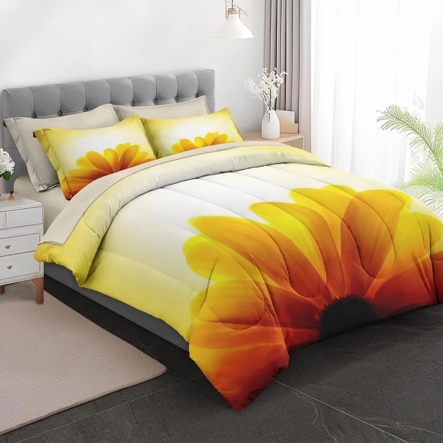5 Pcs Comforter Set Twin Size, Sunflower Sunset Flower Bed in a Bag with Flat Sheet and Fitted Sheet for Kids and Adults, Orange Yellow Sun Bedding Set with Pillowcase & Sham