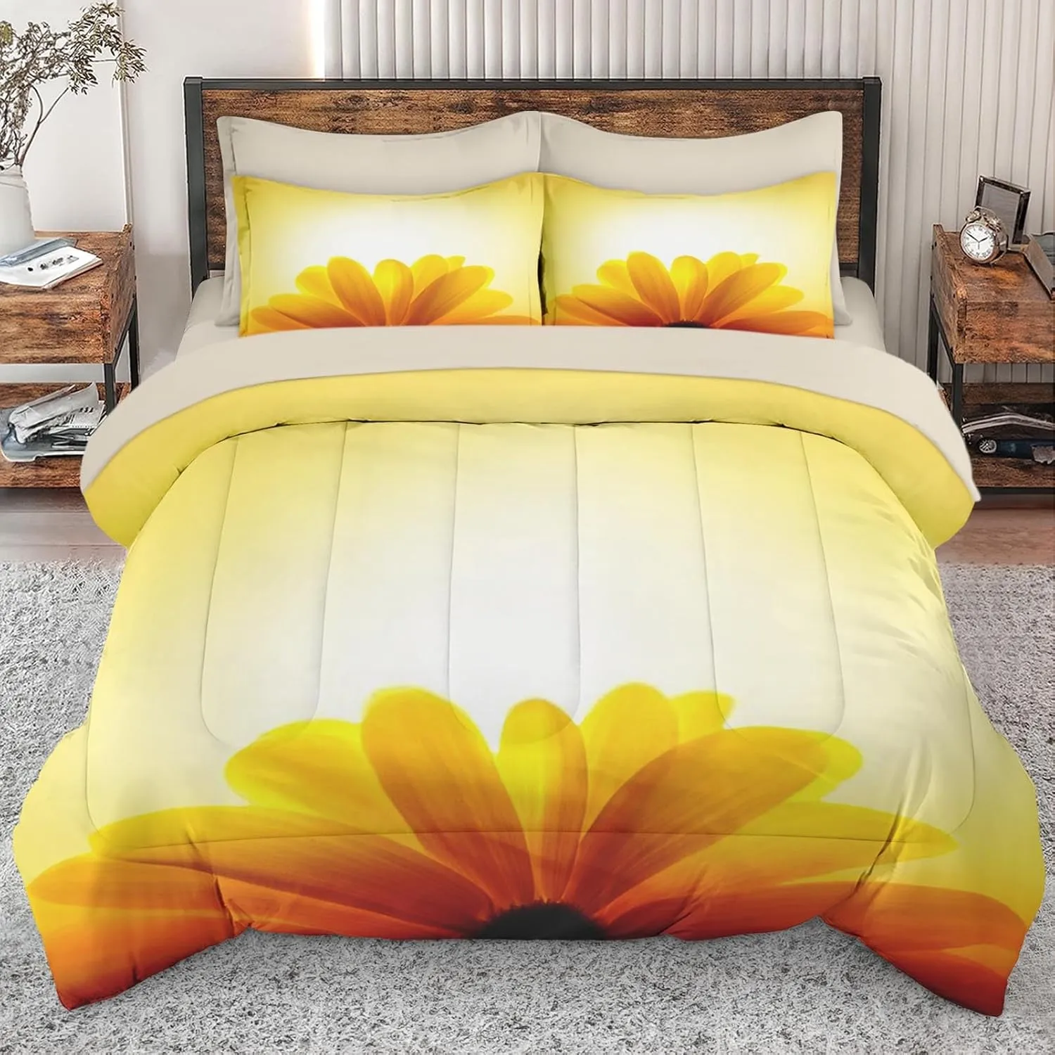 5 Pcs Comforter Set Twin Size, Sunflower Sunset Flower Bed in a Bag with Flat Sheet and Fitted Sheet for Kids and Adults, Orange Yellow Sun Bedding Set with Pillowcase & Sham
