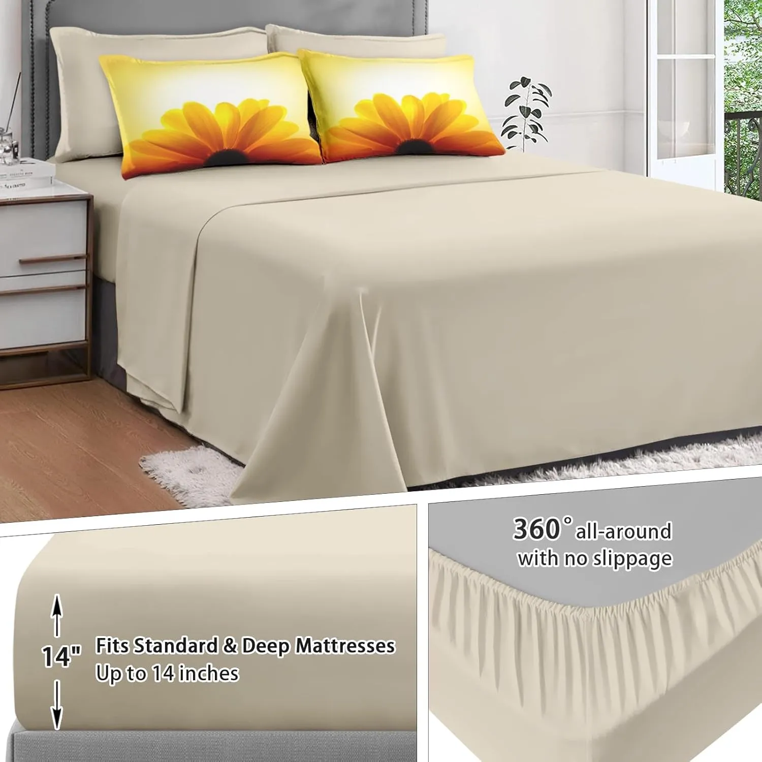 5 Pcs Comforter Set Twin Size, Sunflower Sunset Flower Bed in a Bag with Flat Sheet and Fitted Sheet for Kids and Adults, Orange Yellow Sun Bedding Set with Pillowcase & Sham
