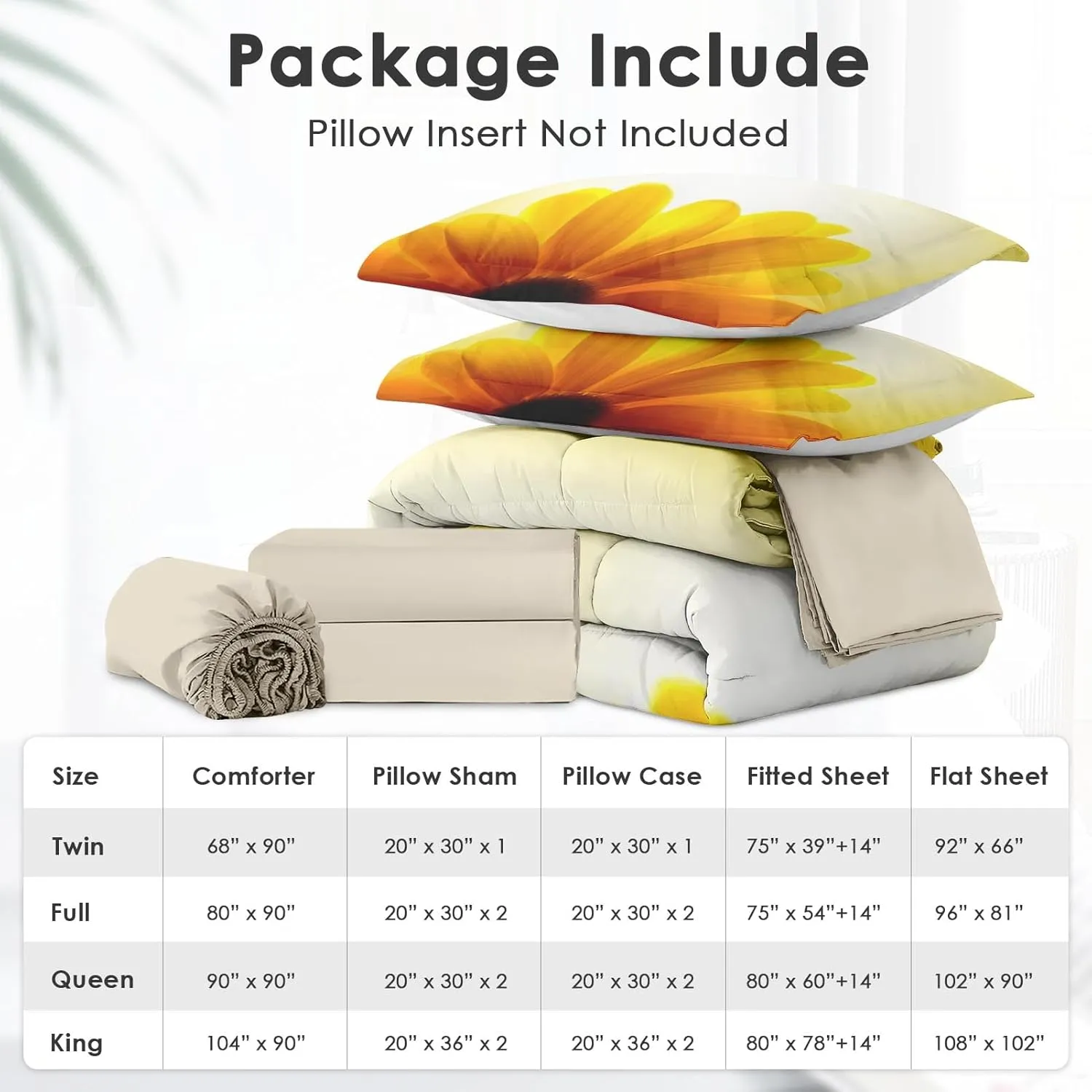 5 Pcs Comforter Set Twin Size, Sunflower Sunset Flower Bed in a Bag with Flat Sheet and Fitted Sheet for Kids and Adults, Orange Yellow Sun Bedding Set with Pillowcase & Sham