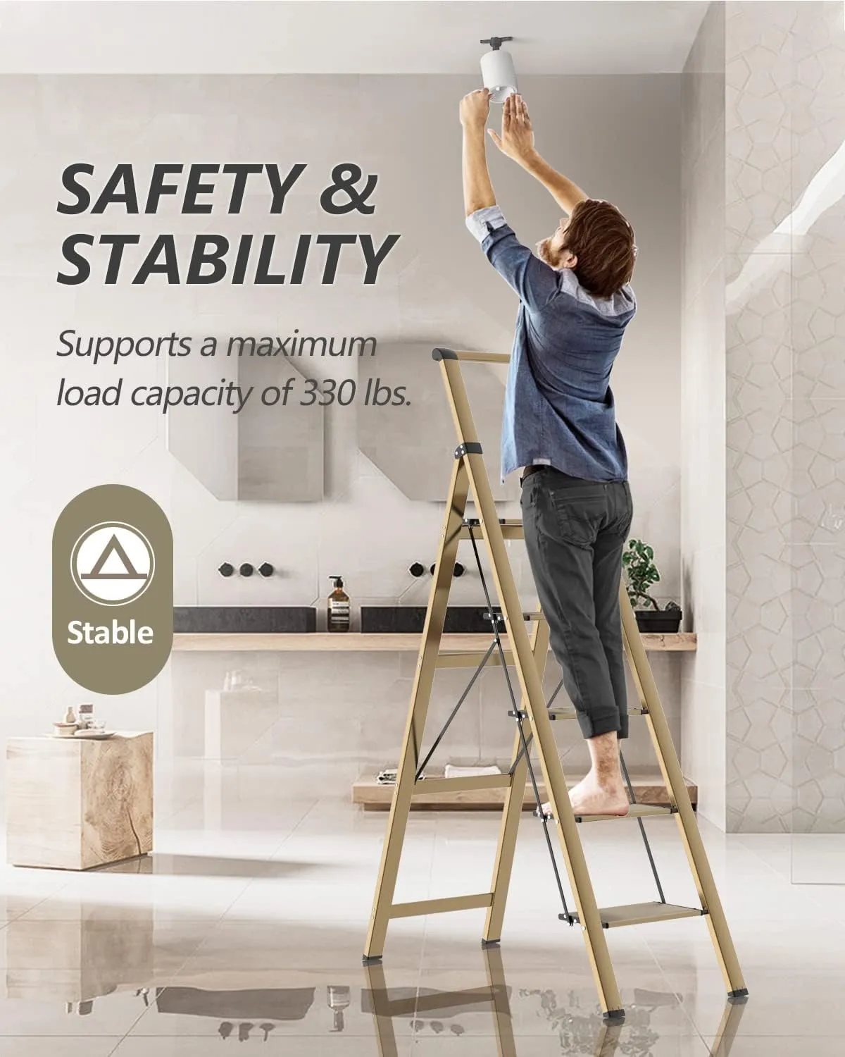 5 Step Ladder, Folding Step Stool, Lightweight Aluminum Foldable Ladder for 10 Foot High Ceiling with Anti-Slip Wide Sturdy Pedal and Handgrip, Multi-Use for Home (300 lbs Capacity) - Champagne Gold