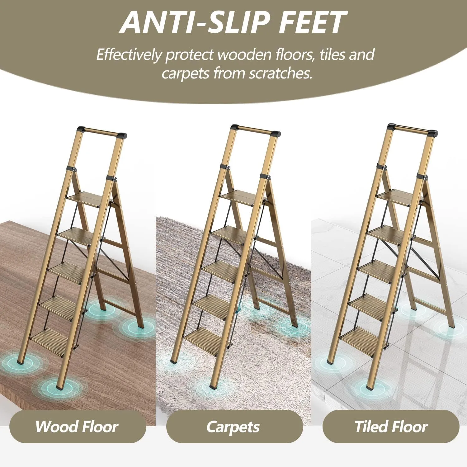 5 Step Ladder, Folding Step Stool, Lightweight Aluminum Foldable Ladder for 10 Foot High Ceiling with Anti-Slip Wide Sturdy Pedal and Handgrip, Multi-Use for Home (300 lbs Capacity) - Champagne Gold