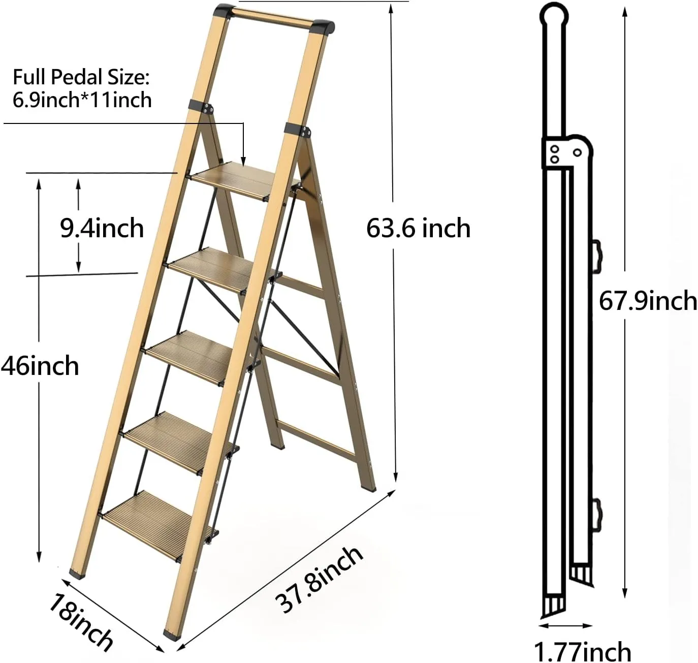 5 Step Ladder, Folding Step Stool, Lightweight Aluminum Foldable Ladder for 10 Foot High Ceiling with Anti-Slip Wide Sturdy Pedal and Handgrip, Multi-Use for Home (300 lbs Capacity) - Champagne Gold