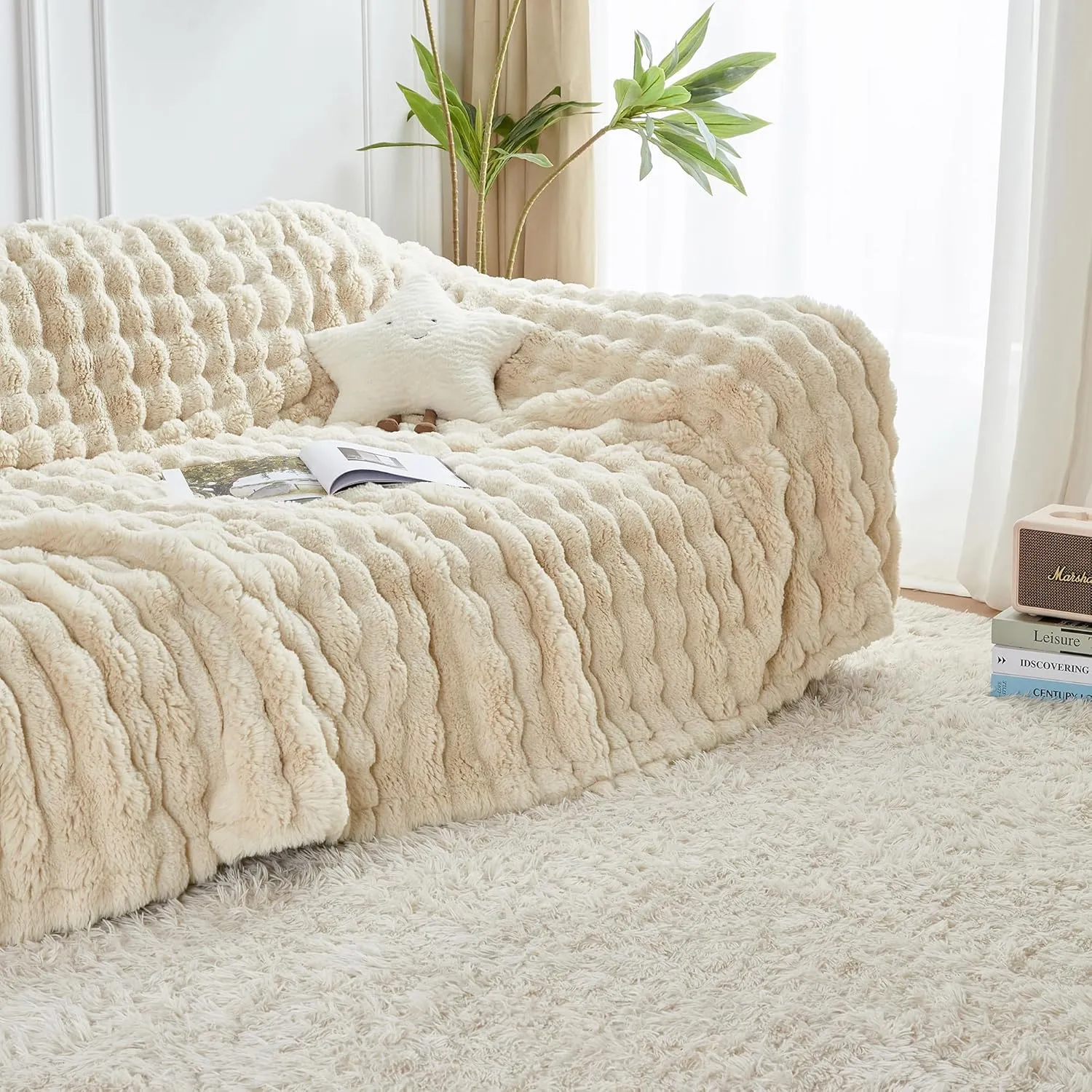 60x80 Inches Ultra-Soft Fuzzy Faux Fur Plush Twin Size Blanket - Thick, Warm Sherpa for Couch, Sofa, Bedroom, Camping - Decorative Blanket for Cozy Warmth, Bubble Khaki