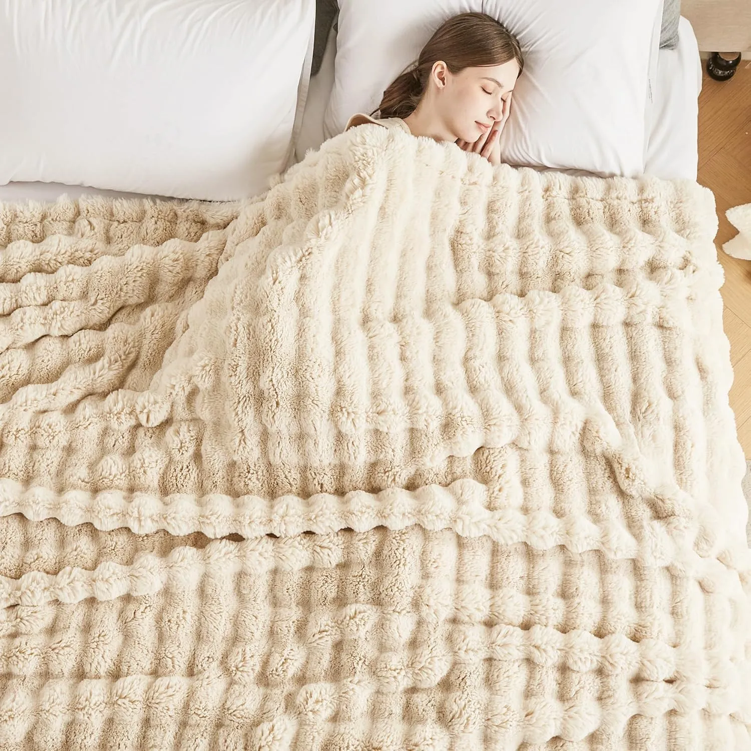 60x80 Inches Ultra-Soft Fuzzy Faux Fur Plush Twin Size Blanket - Thick, Warm Sherpa for Couch, Sofa, Bedroom, Camping - Decorative Blanket for Cozy Warmth, Bubble Khaki
