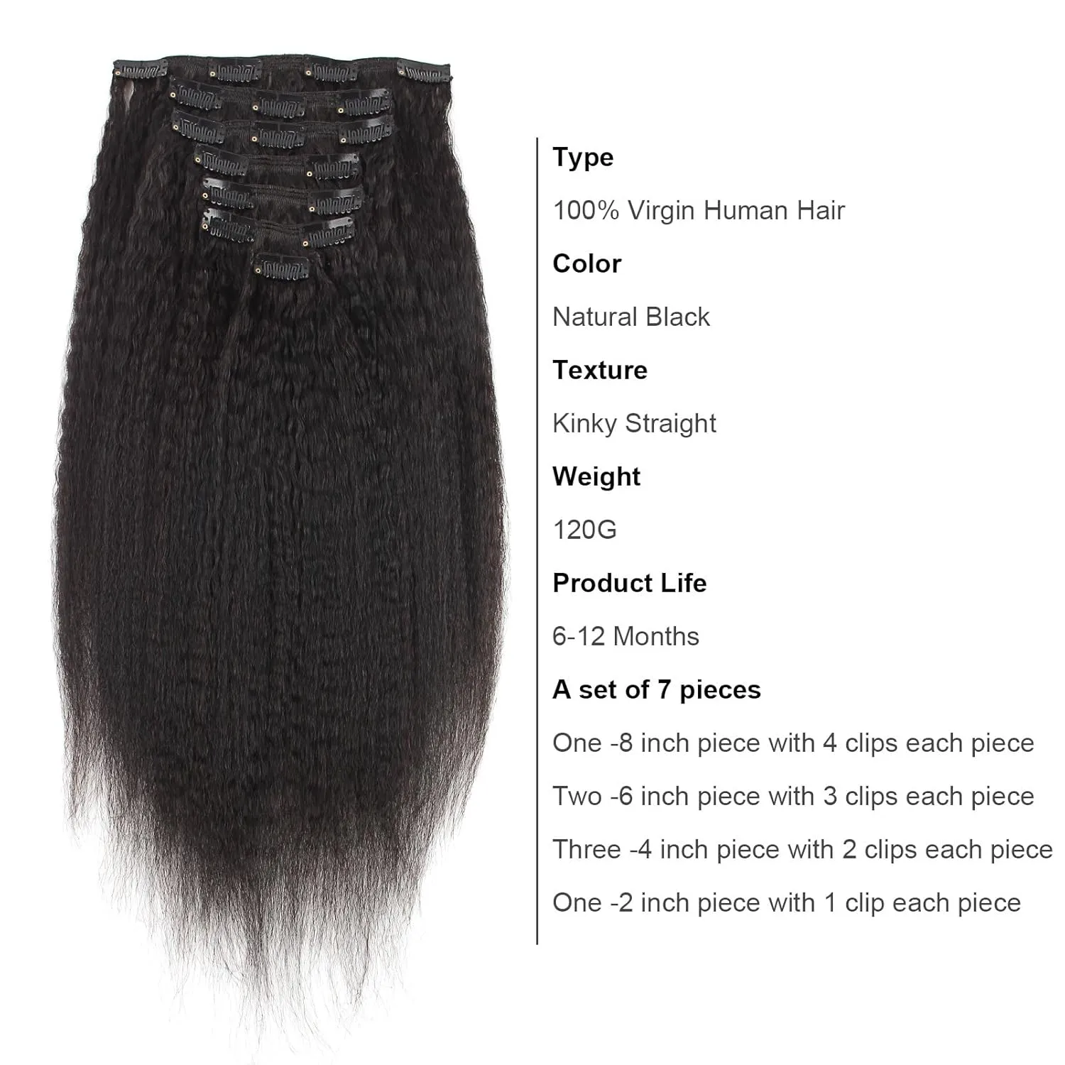 ABH AMAZINGBEAUTY HAIR Kinky Straight Clip ins for Black Women, 8A Grade Remy Human Hair, Natural Color, 17 Clips with 7 Pieces, 120 Gram, 14 Inch