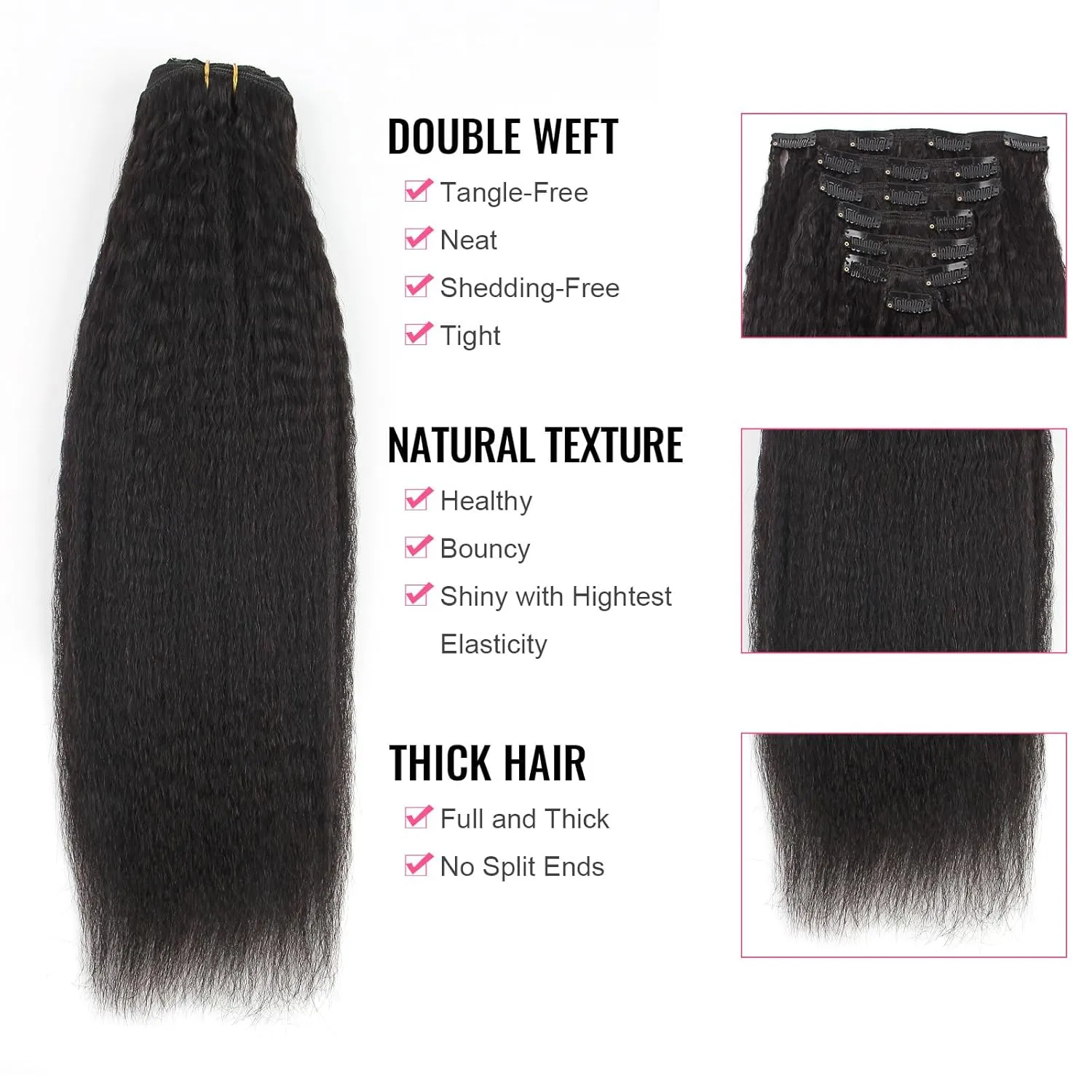 ABH AMAZINGBEAUTY HAIR Kinky Straight Clip ins for Black Women, 8A Grade Remy Human Hair, Natural Color, 17 Clips with 7 Pieces, 120 Gram, 14 Inch