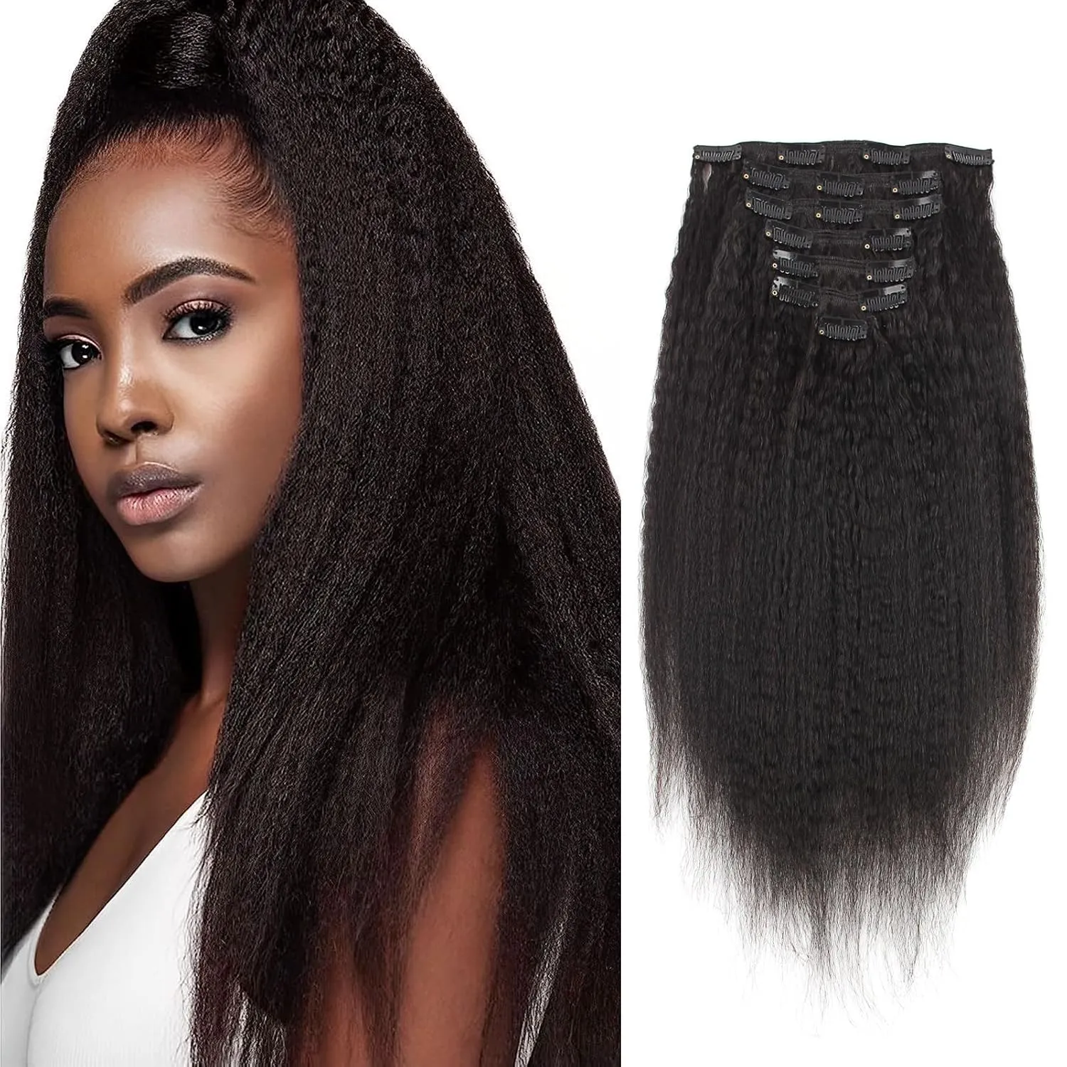 ABH AMAZINGBEAUTY HAIR Kinky Straight Clip ins for Black Women, 8A Grade Remy Human Hair, Natural Color, 17 Clips with 7 Pieces, 120 Gram, 14 Inch