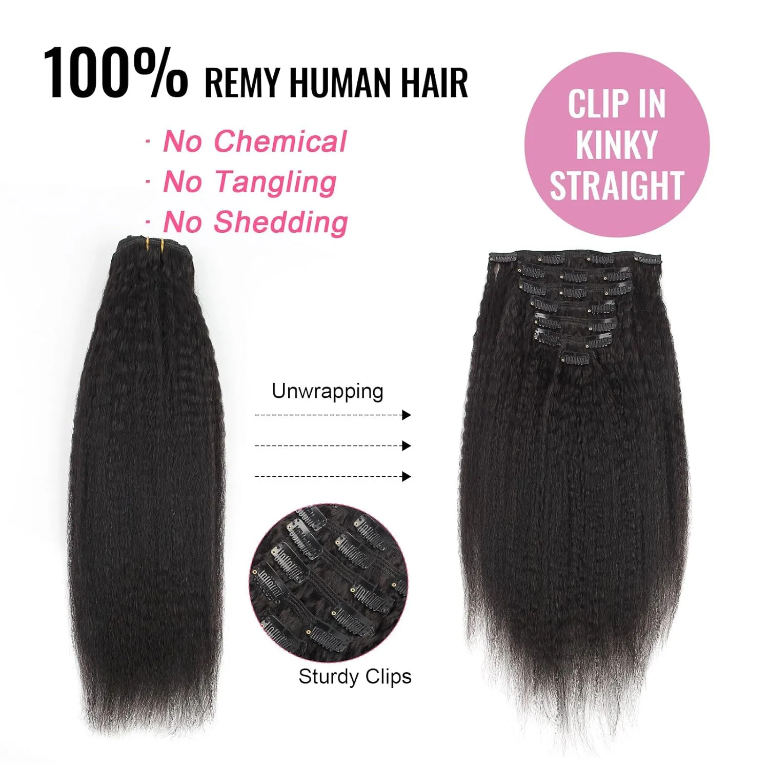 ABH AMAZINGBEAUTY HAIR Kinky Straight Clip ins for Black Women, 8A Grade Remy Human Hair, Natural Color, 17 Clips with 7 Pieces, 120 Gram, 14 Inch