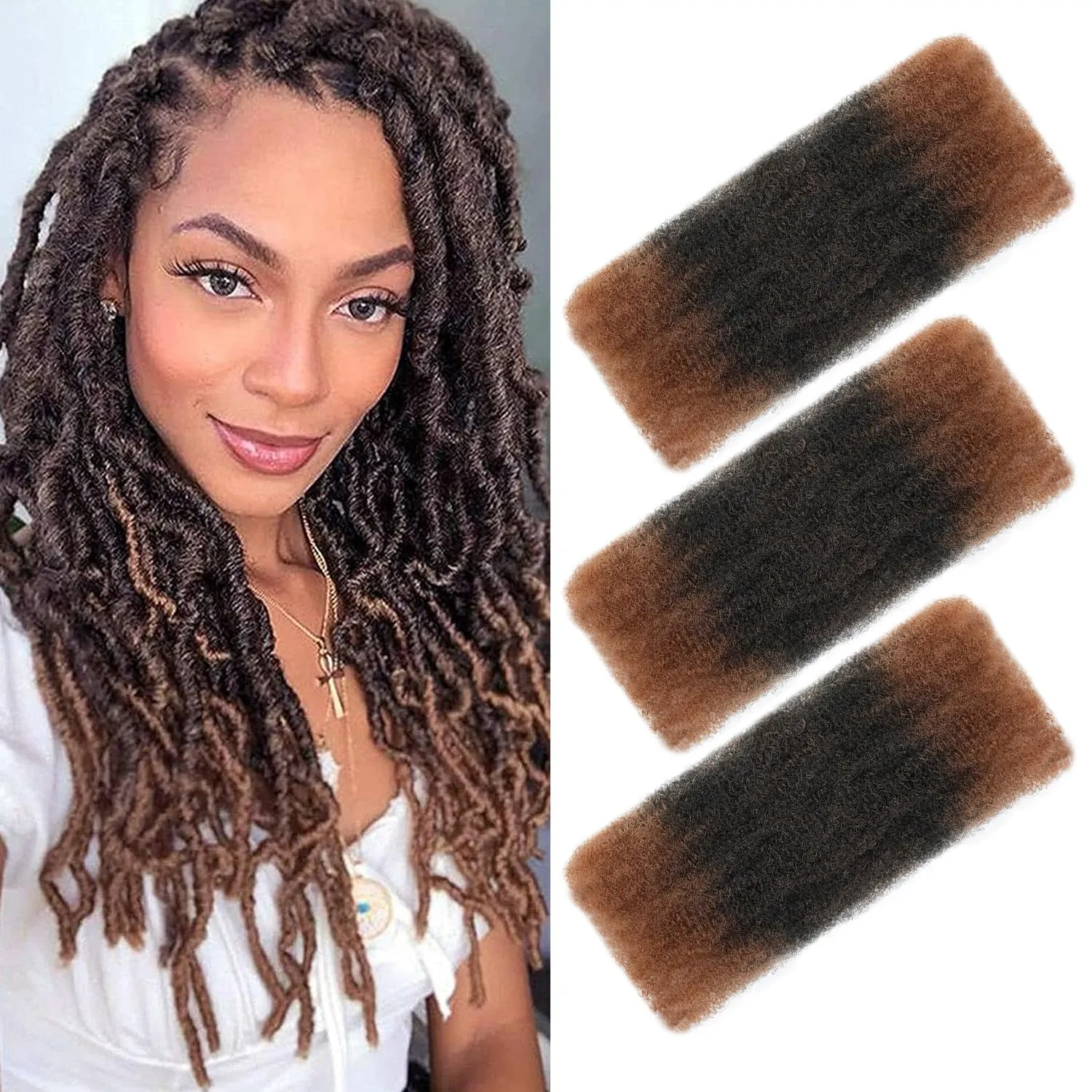 Afro Kinkys Bulk Hair for Dreadlock Extensions 3 Bundles 90g Micro Twist Repair Locs Braiding Crochet Hair Synthetic Afro Kinky Curly Braiding Hair for Black Women and Man (T30#, 14inch)
