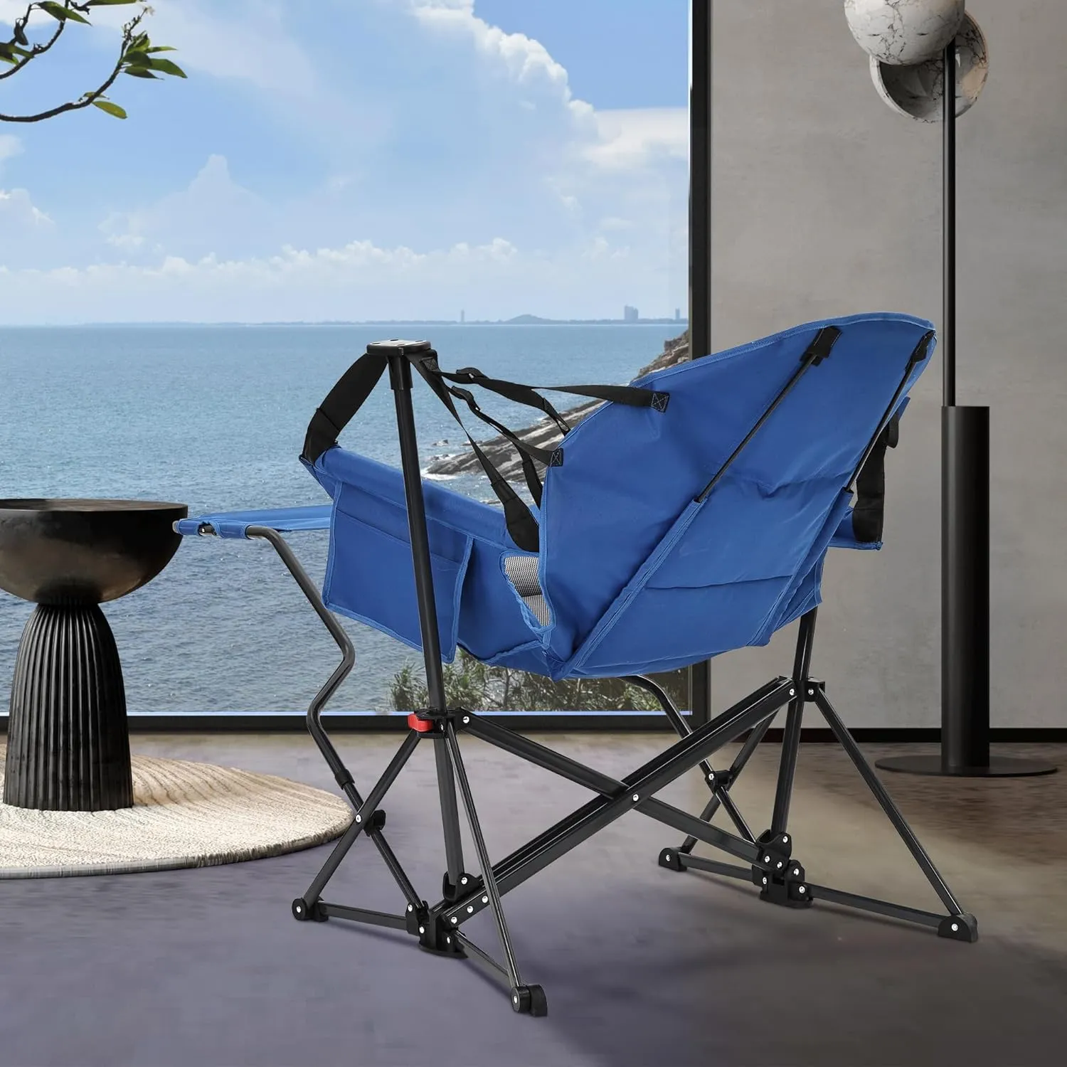 Ainfox Hammock Camping Chair with Footrest, Foldable Portable Rocking Chairs for Adults Outside Swinging Camp with Cup Holder Pillow for Outdoor Patio Poolside (Blue)