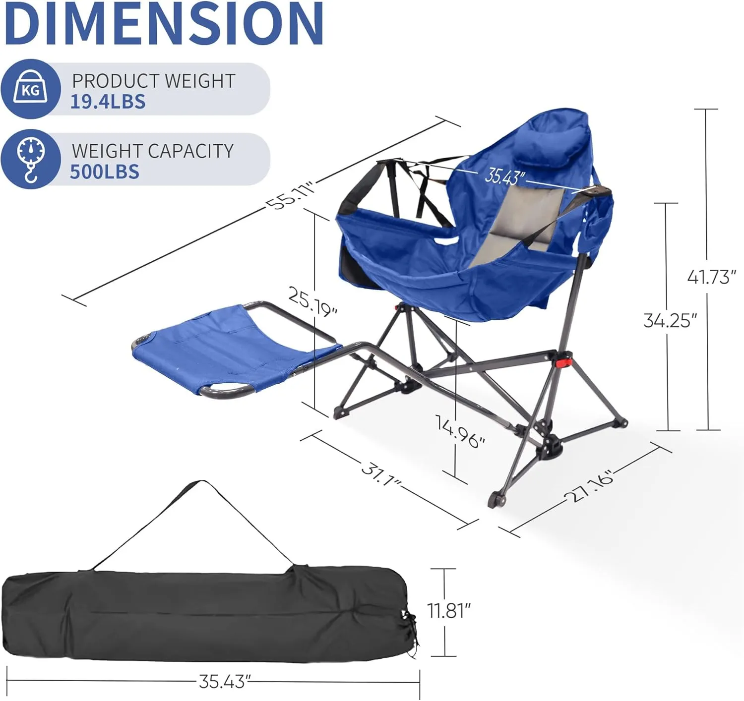 Ainfox Hammock Camping Chair with Footrest, Foldable Portable Rocking Chairs for Adults Outside Swinging Camp with Cup Holder Pillow for Outdoor Patio Poolside (Blue)