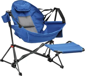 Ainfox Hammock Camping Chair with Footrest, Foldable Portable Rocking Chairs for Adults Outside Swinging Camp with Cup Holder Pillow for Outdoor Patio Poolside (Blue)