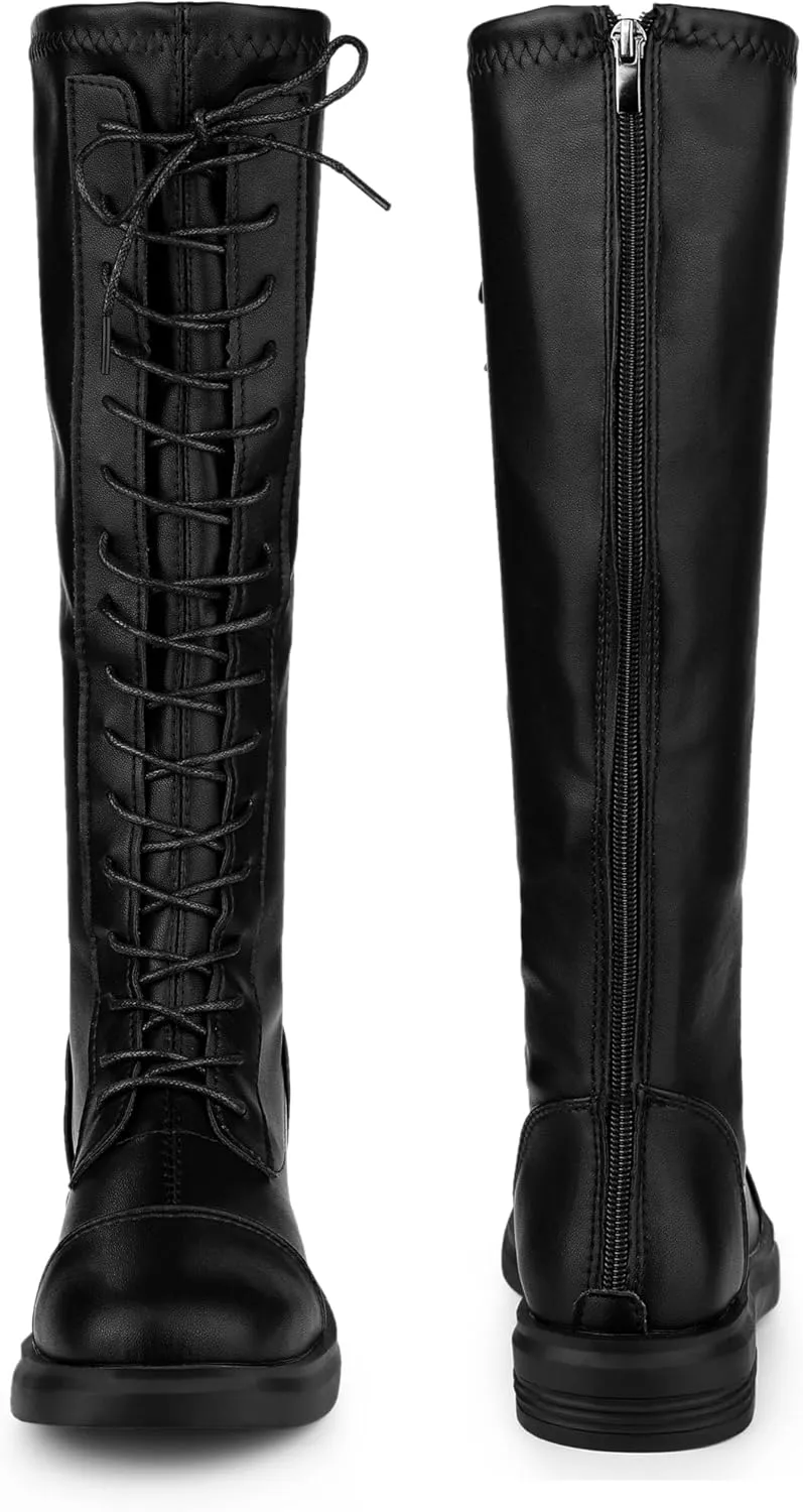 Allegra K Women's Lace Up Round Toe Lug Sole Boots Flat Low Heel Knee High Boots