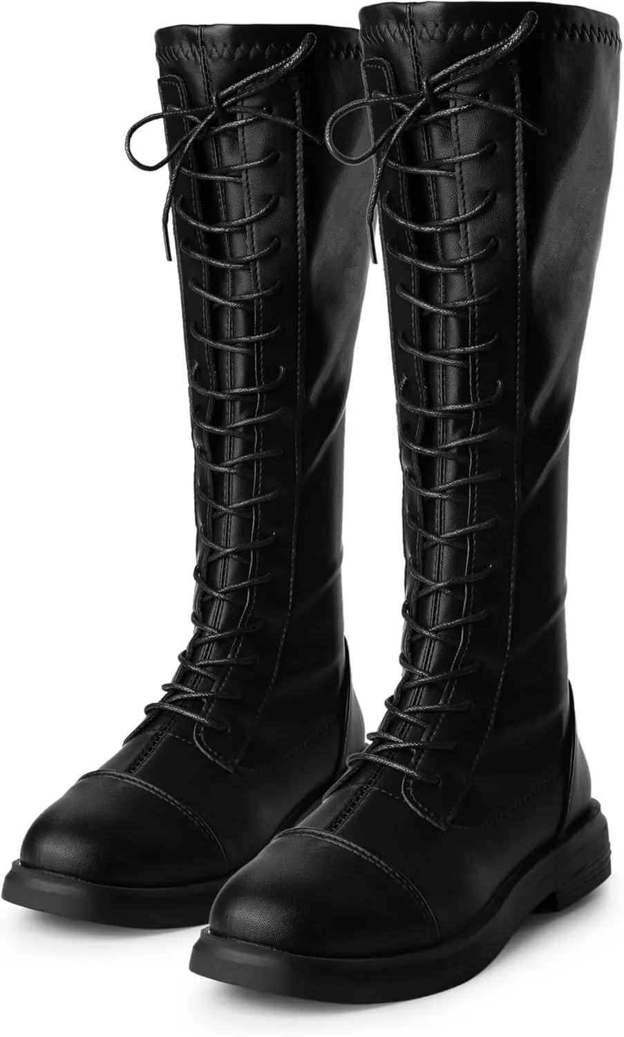 Allegra K Women's Lace Up Round Toe Lug Sole Boots Flat Low Heel Knee High Boots