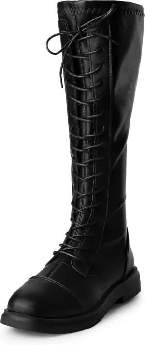 Allegra K Women's Lace Up Round Toe Lug Sole Boots Flat Low Heel Knee High Boots