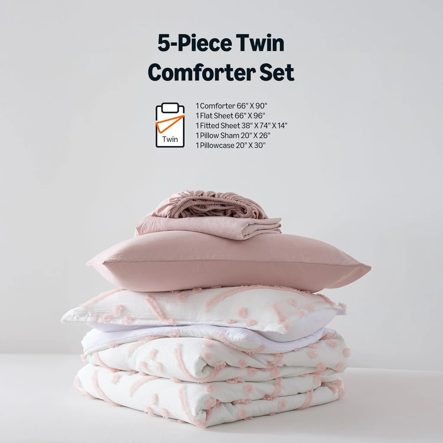 Amazon Basics 5-Piece Kids' Bed-in-a-Bag, Jacquard Microfiber Bedding Set with Comforter, Sheets, and Pillowcases, All-Season, Pink Tufted, Twin