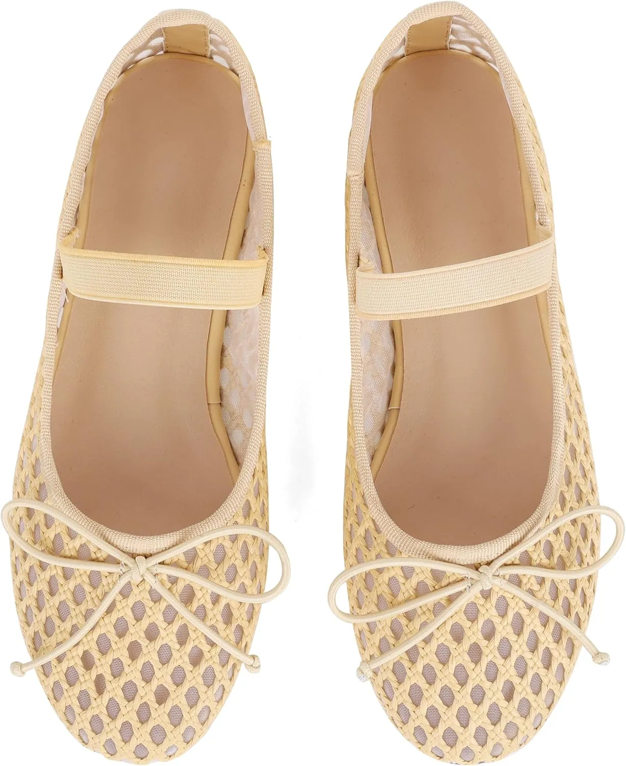 AMINUGAL Raffia Ballet Flats Shoes for Women Dressy Comfortable Woven Straw Women's Flats with Elastic Strap Mesh Flats Bows Raffia Mary Jane Flats Women Ballerina Flats for Women
