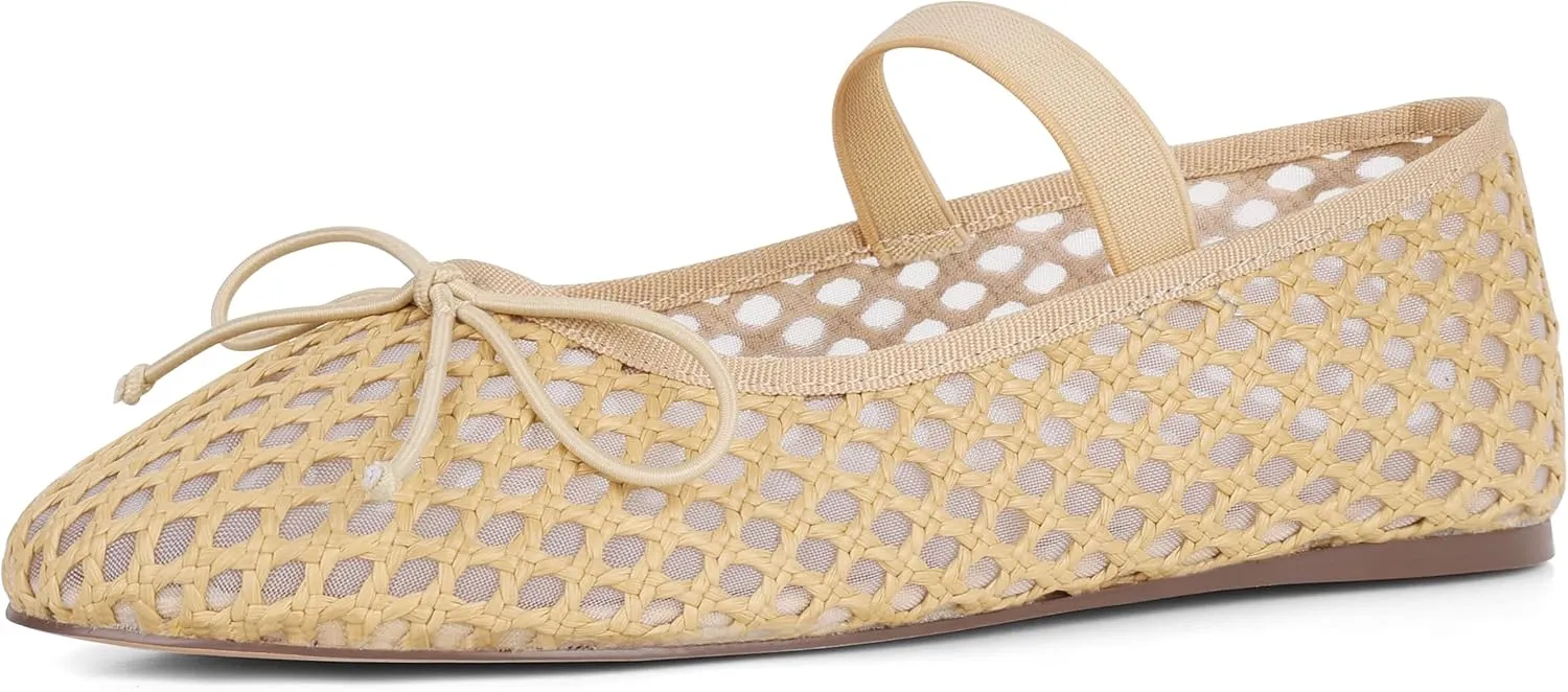AMINUGAL Raffia Ballet Flats Shoes for Women Dressy Comfortable Woven Straw Women's Flats with Elastic Strap Mesh Flats Bows Raffia Mary Jane Flats Women Ballerina Flats for Women
