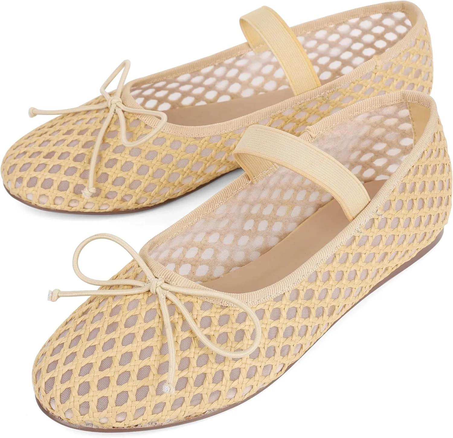 AMINUGAL Raffia Ballet Flats Shoes for Women Dressy Comfortable Woven Straw Women's Flats with Elastic Strap Mesh Flats Bows Raffia Mary Jane Flats Women Ballerina Flats for Women