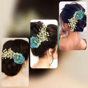 Artificial Peony Flower with Pearl Hair Comb Slide, Hair Juda Bun Accessories, Side Hair Pin for Girls & Women, Blue, 2216